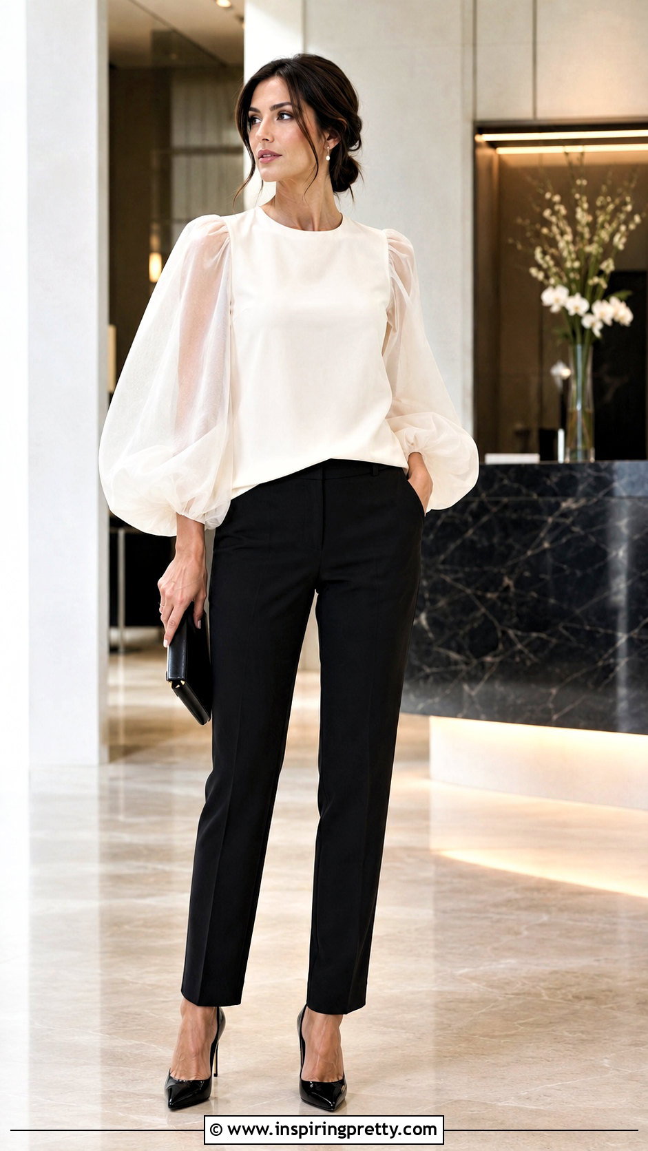 Organza Sleeve Top With Tailored Pants - 25 special occasion tops outfit ideas