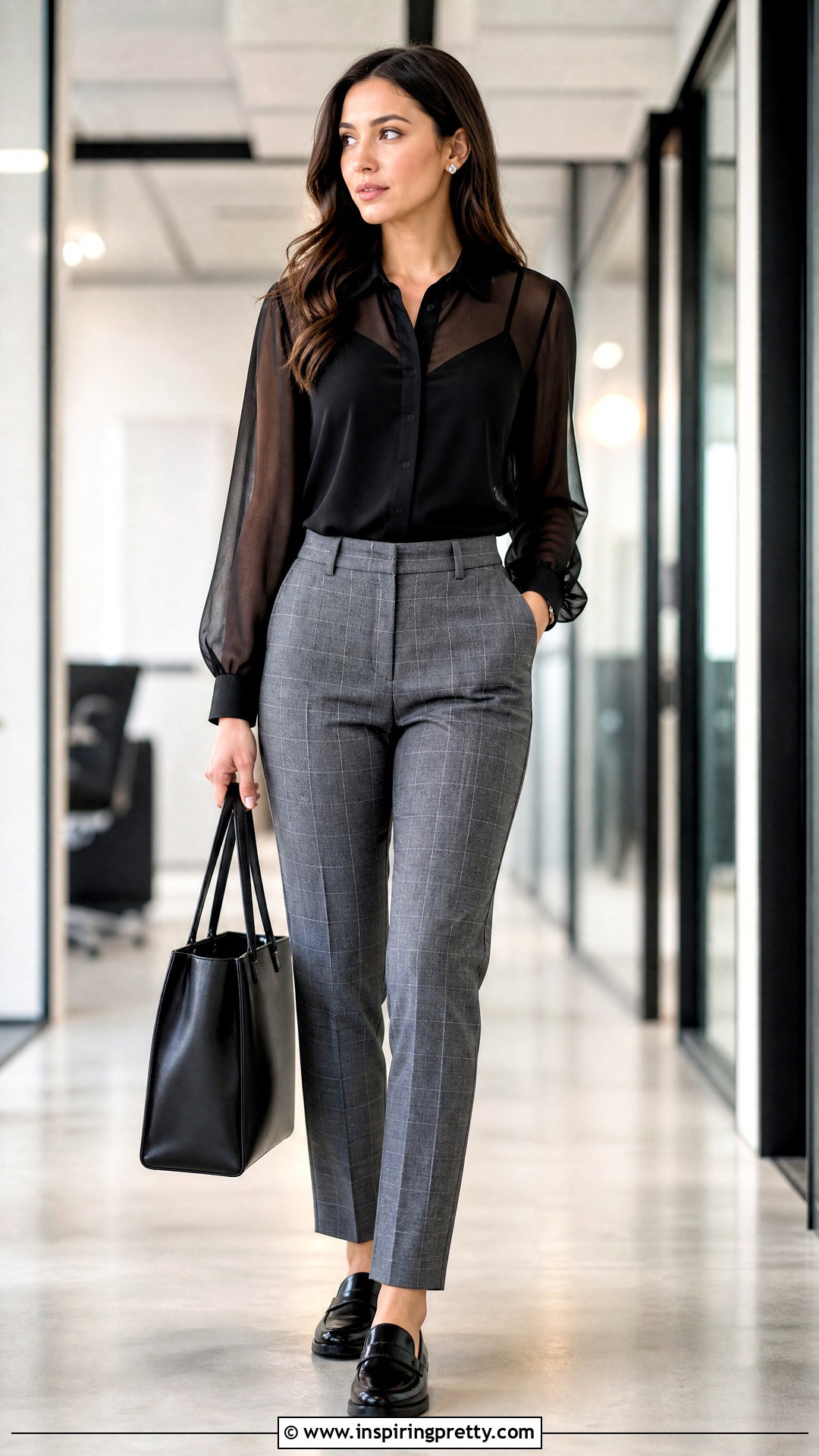 Organza Top With Checked Trousers - 50 organza tops outfit ideas