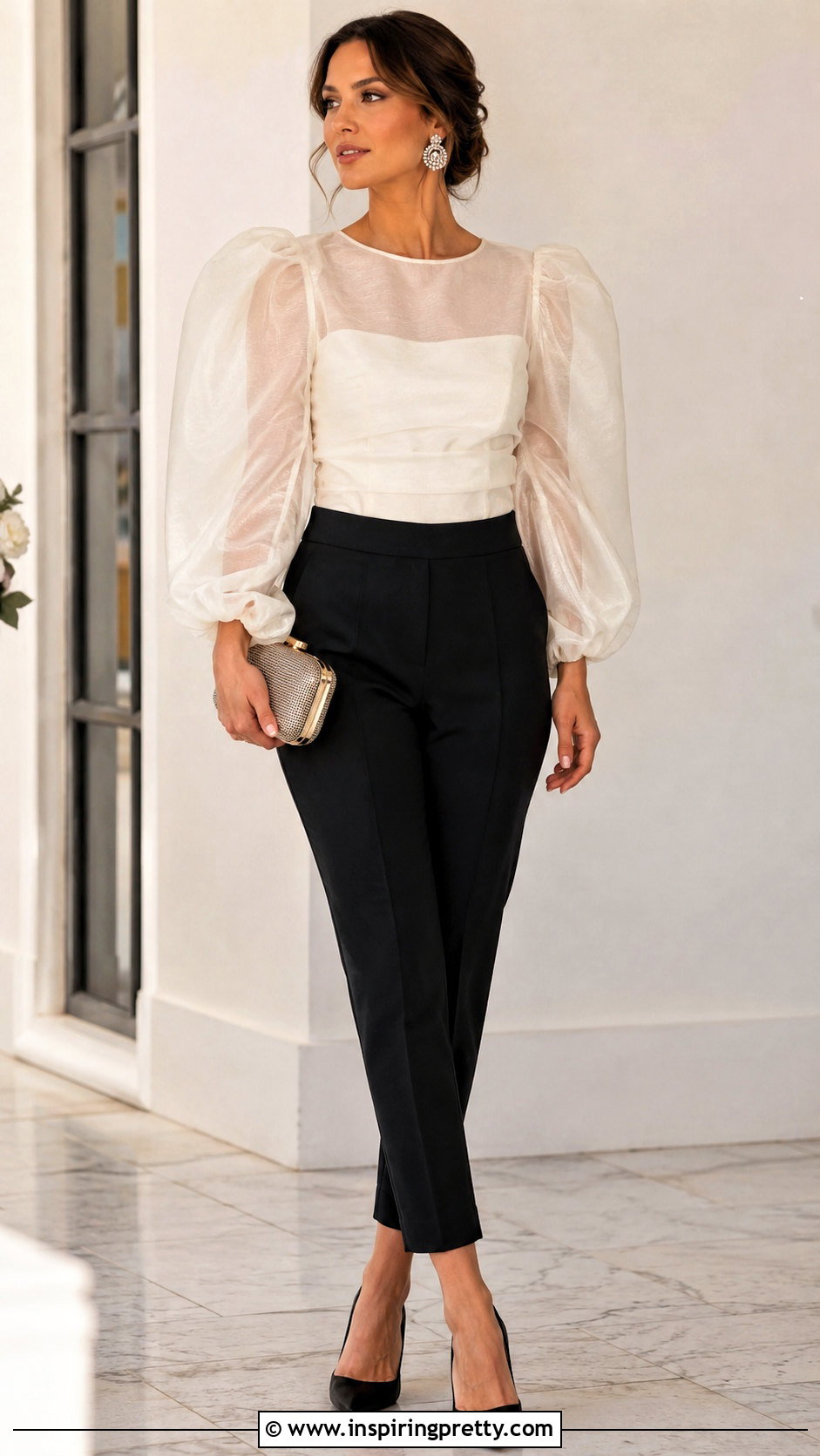 Organza Top With Cigarette Pants - 50 dressy tops outfit ideas
