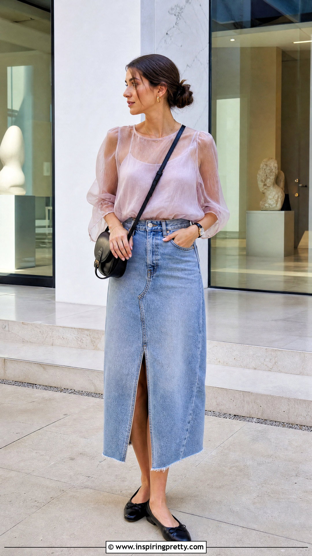 Organza Top With Denim Midi Skirt - 50 organza tops outfit ideas