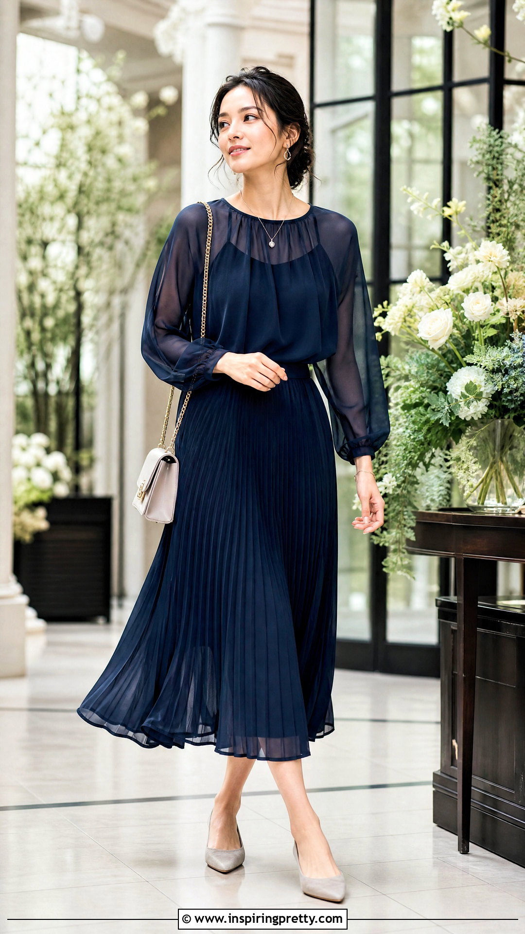 Organza Top With Pleated Midi Skirt - 50 organza tops outfit ideas