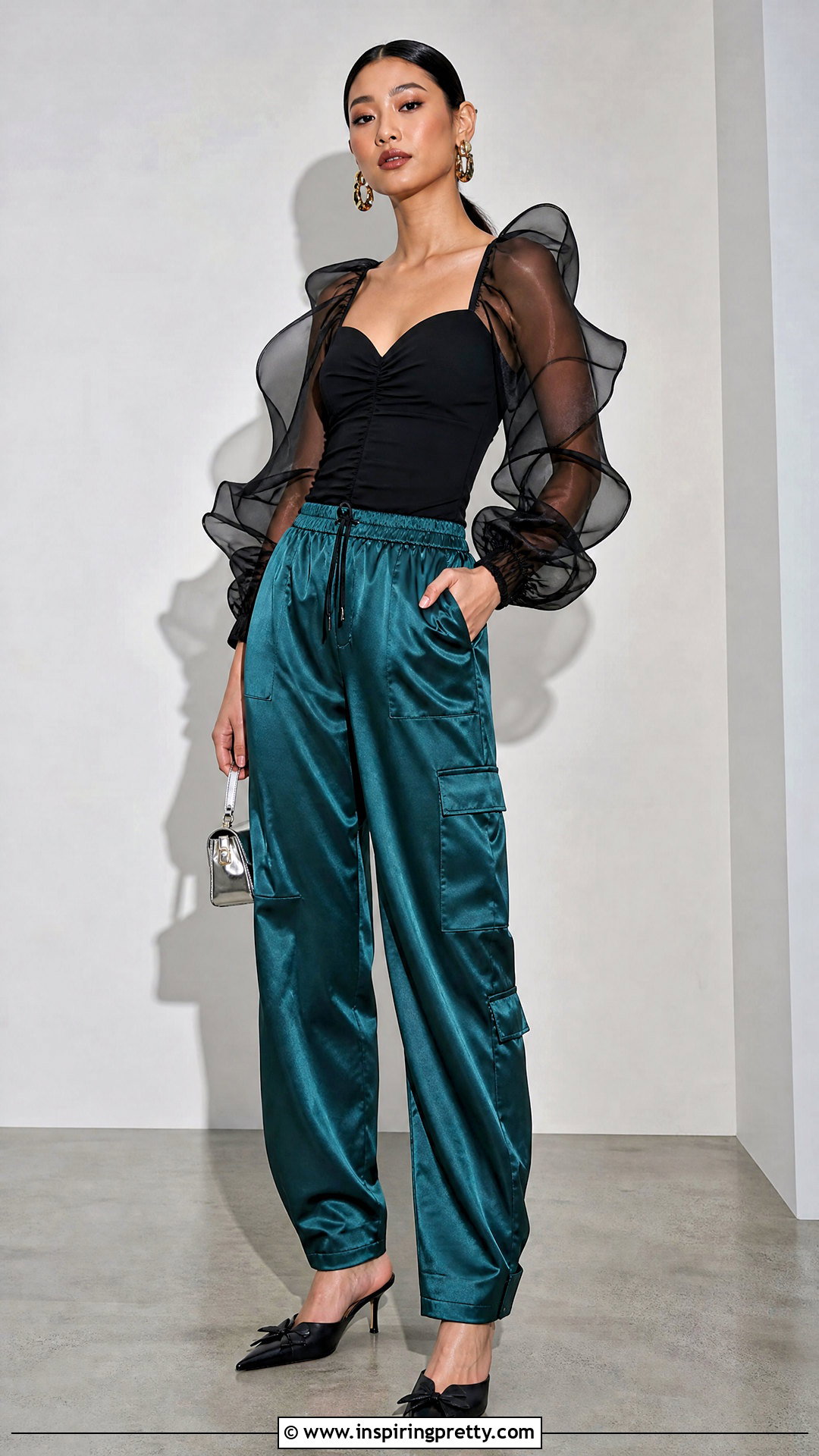 Organza Top With Satin Cargo Pants - 50 organza tops outfit ideas