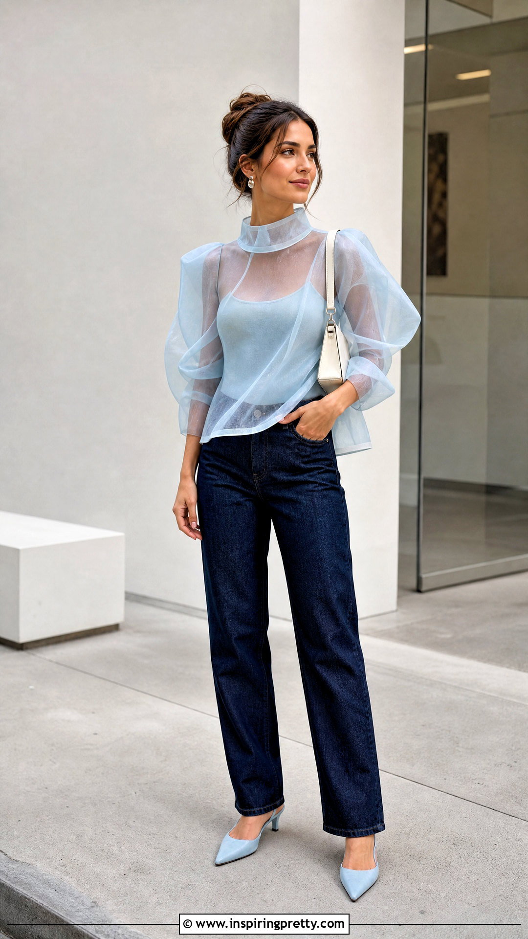Organza Top With Straight Leg Jeans - 50 sheer top outfit ideas