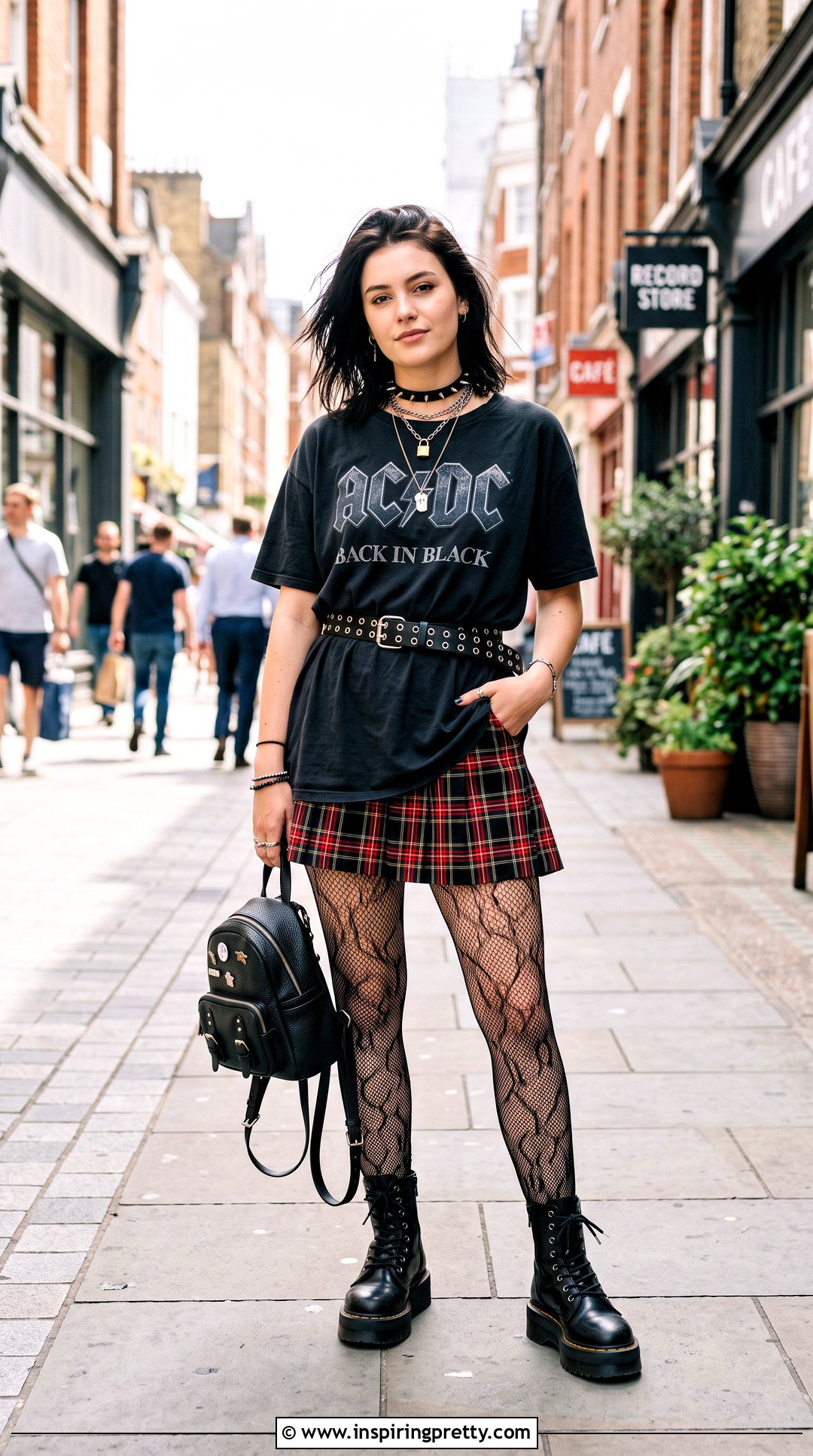 Oversized Band Tee And Plaid Skirt Emo Outfit - 50 emo top outfit ideas