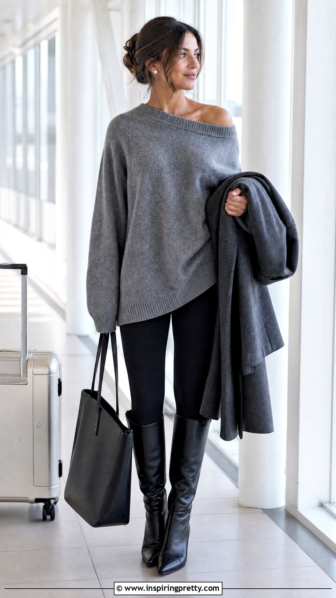 Oversized Bardot Sweater With Leggings - 50 bardot top outfit ideas