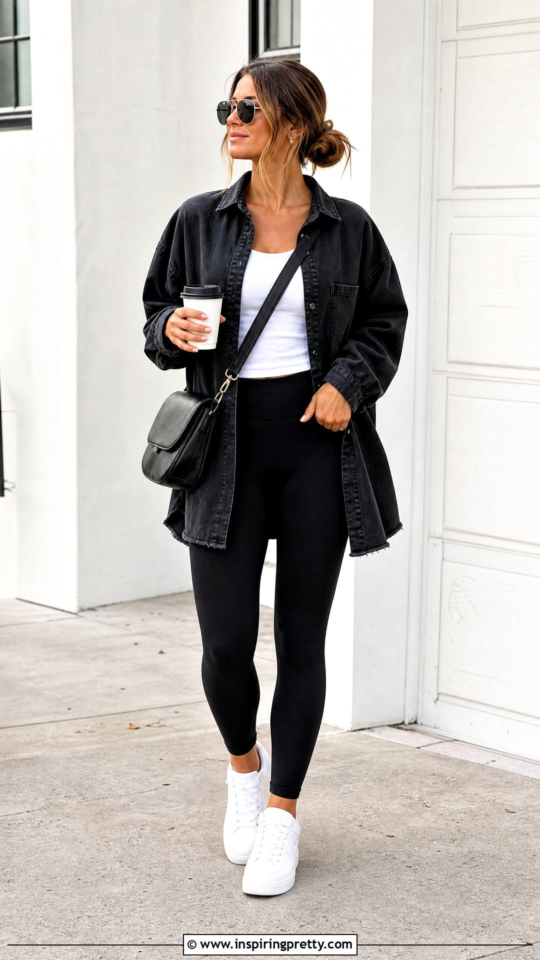 Oversized Black Denim Shirt With Leggings - 50 black denim top outfit ideas