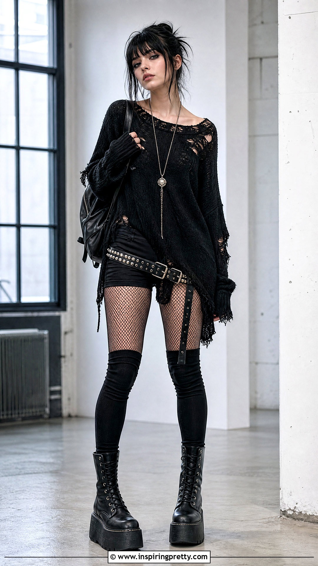 Oversized Black Sweater And Fishnet Tights Emo Outfit - 50 emo top outfit ideas