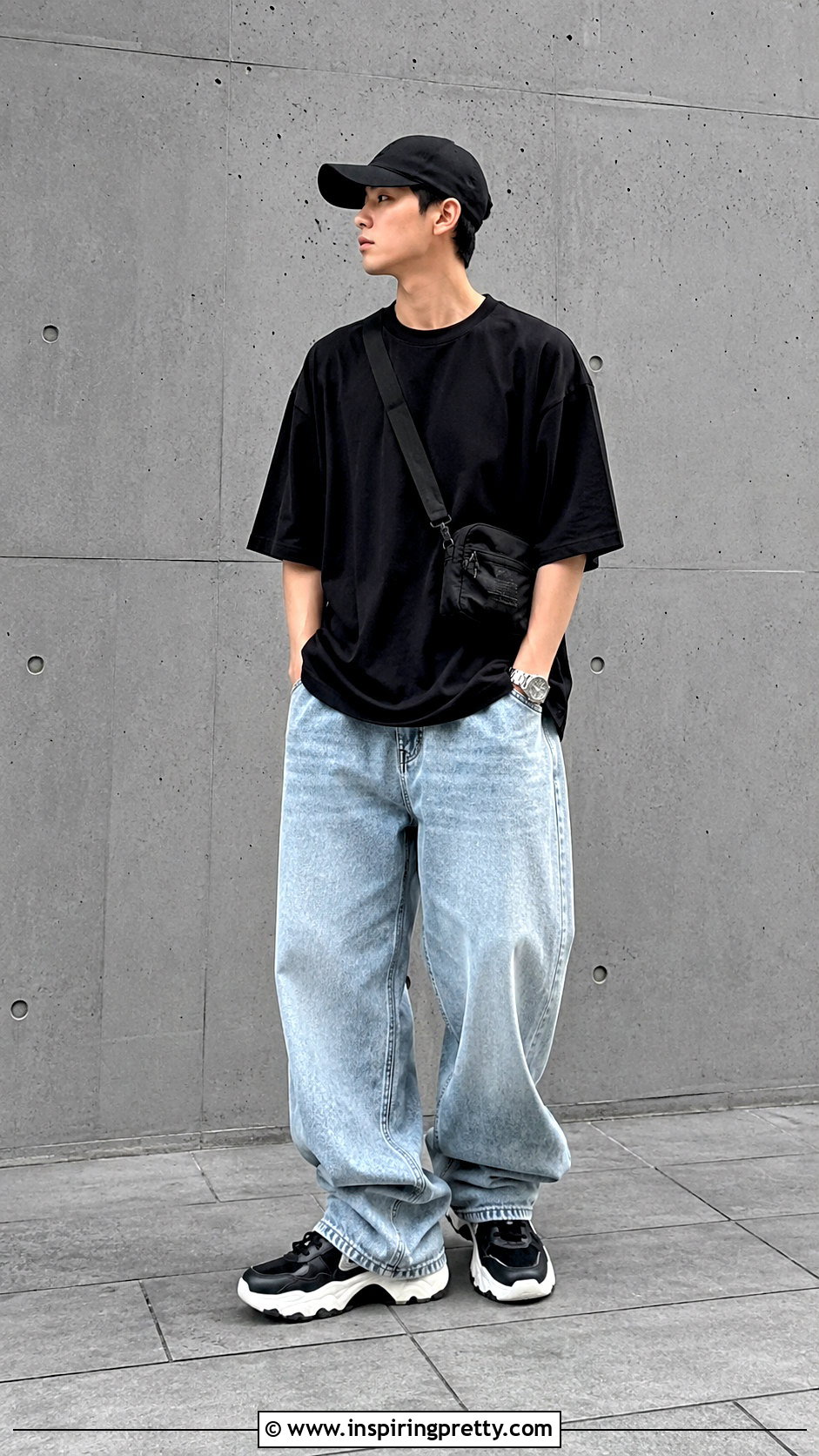 Oversized Black T Shirt With Baggy Light Blue Jeans - 20 Light Blue Jeans Black Top Men