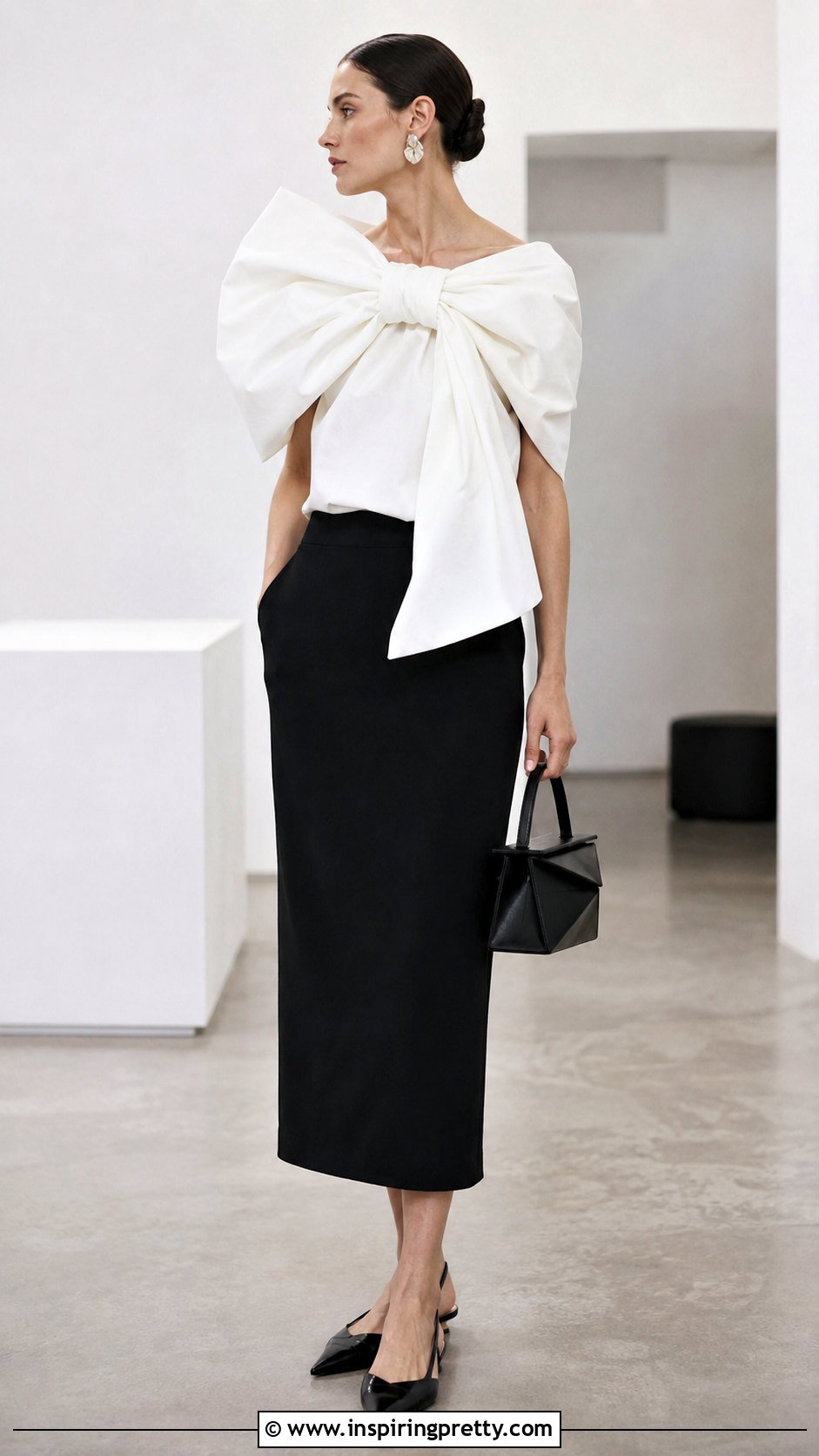 Oversized Bow Top Blouse With Column Skirt - 20 Bow Top Blouse outfits