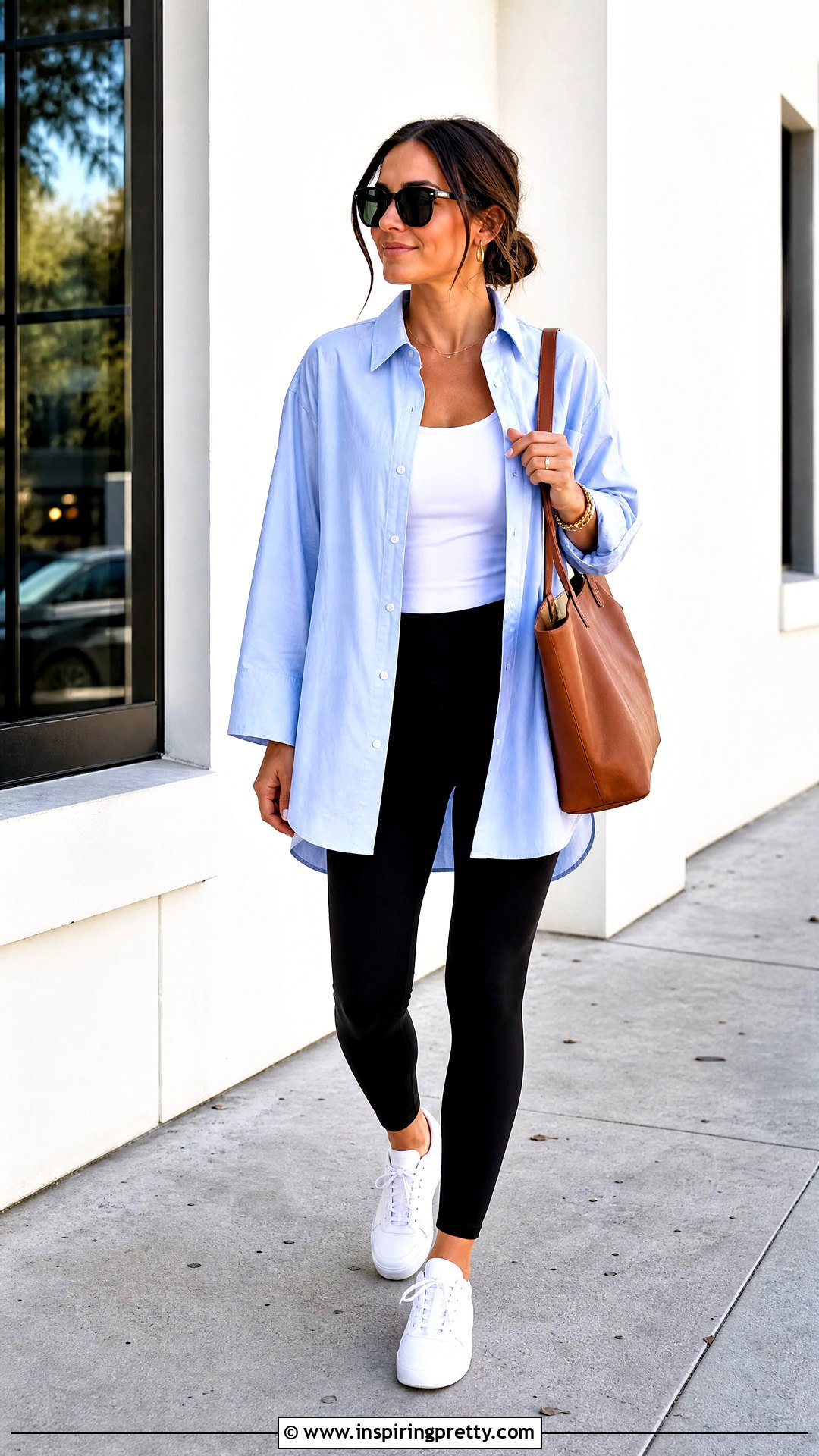 Oversized Button Down Top With Leggings - 50 new tops outfit ideas