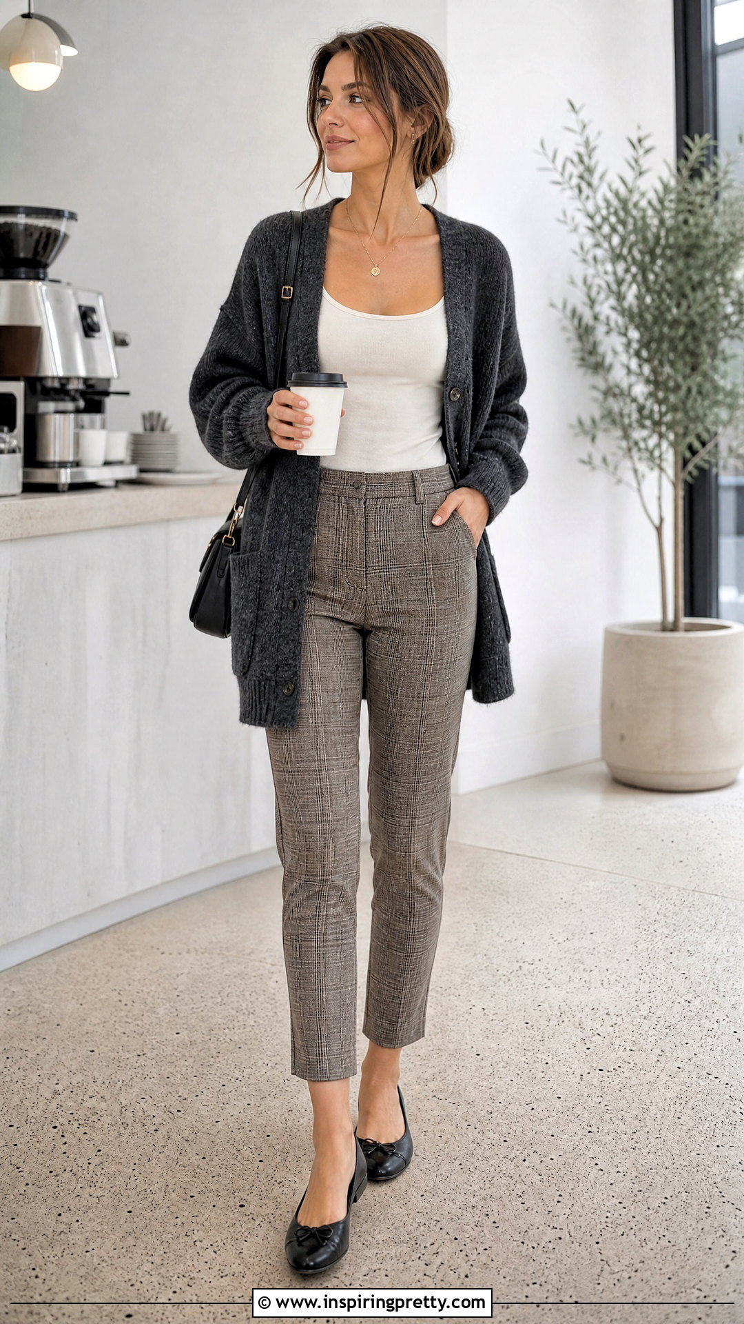 Oversized Cardigan With Plaid Pants And Ballet Flats - What Top To Wear With Plaid Pants (20 Ways)