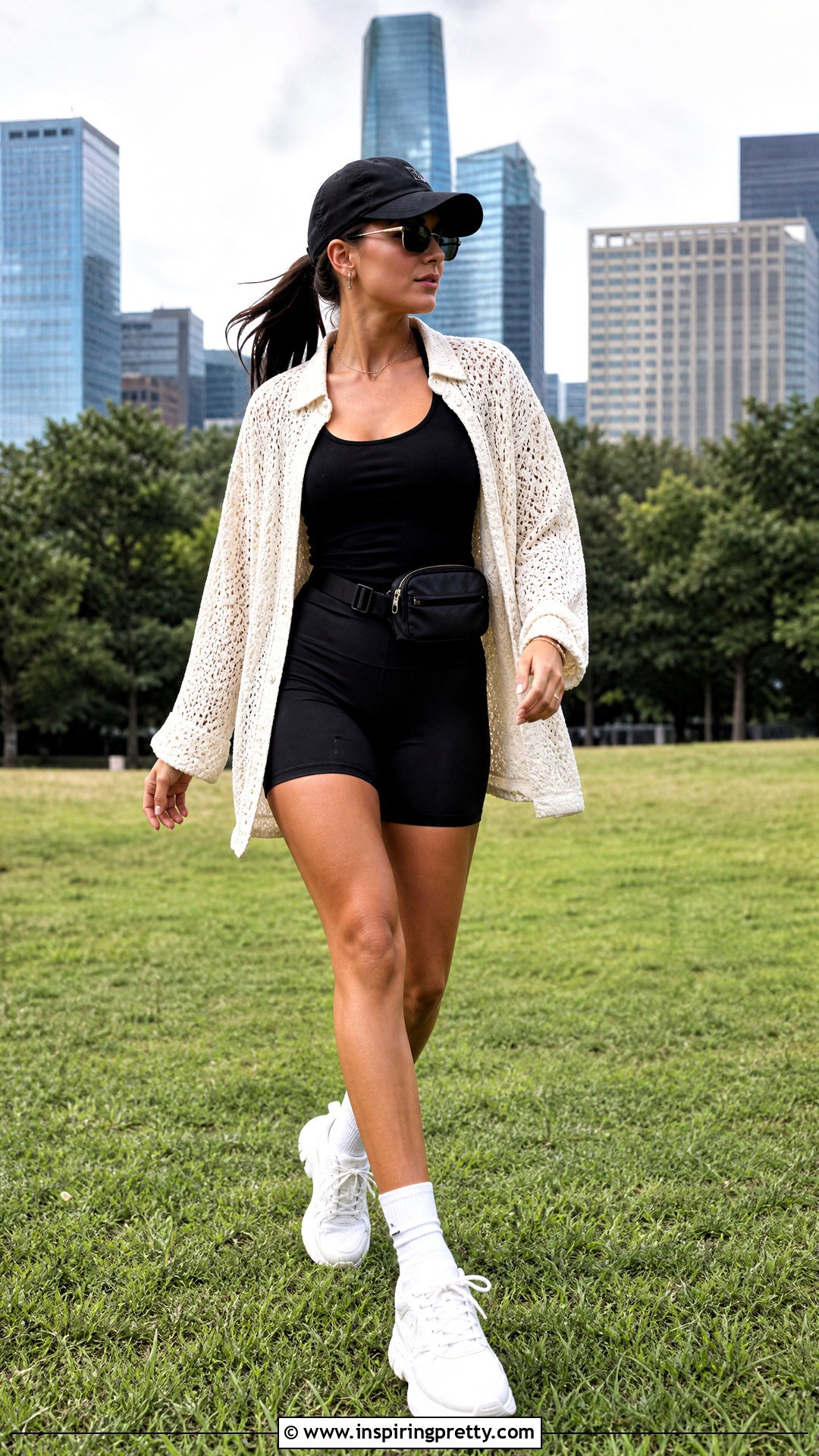 Oversized Crochet Shirt With Tank And Bike Shorts - 20 crochet top on grass outfit ideas