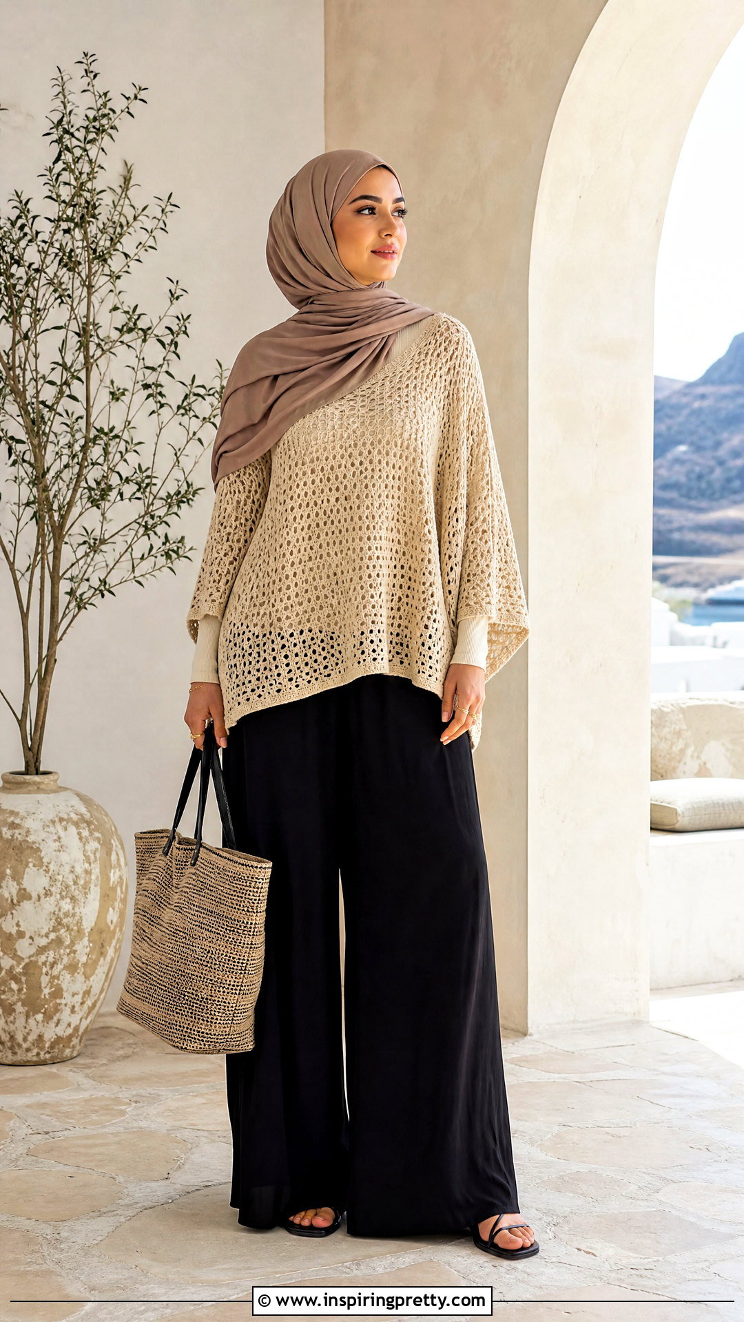 Oversized Crochet Top With Palazzo Pants - 25 crochet top hijabi outfit ideas