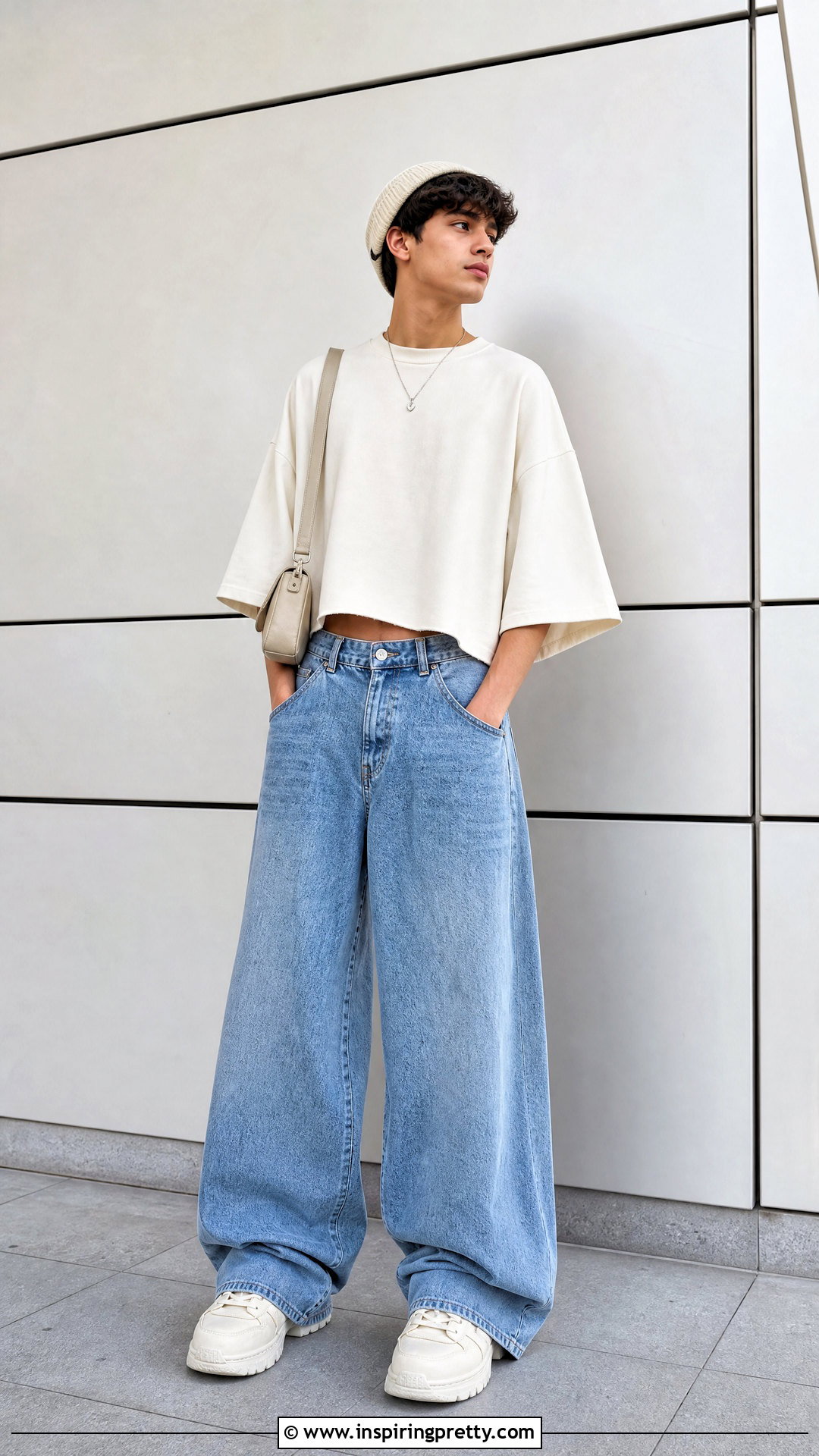 Oversized Crop Top With Wide Leg Jeans - 50 boys in crop tops outfit ideas