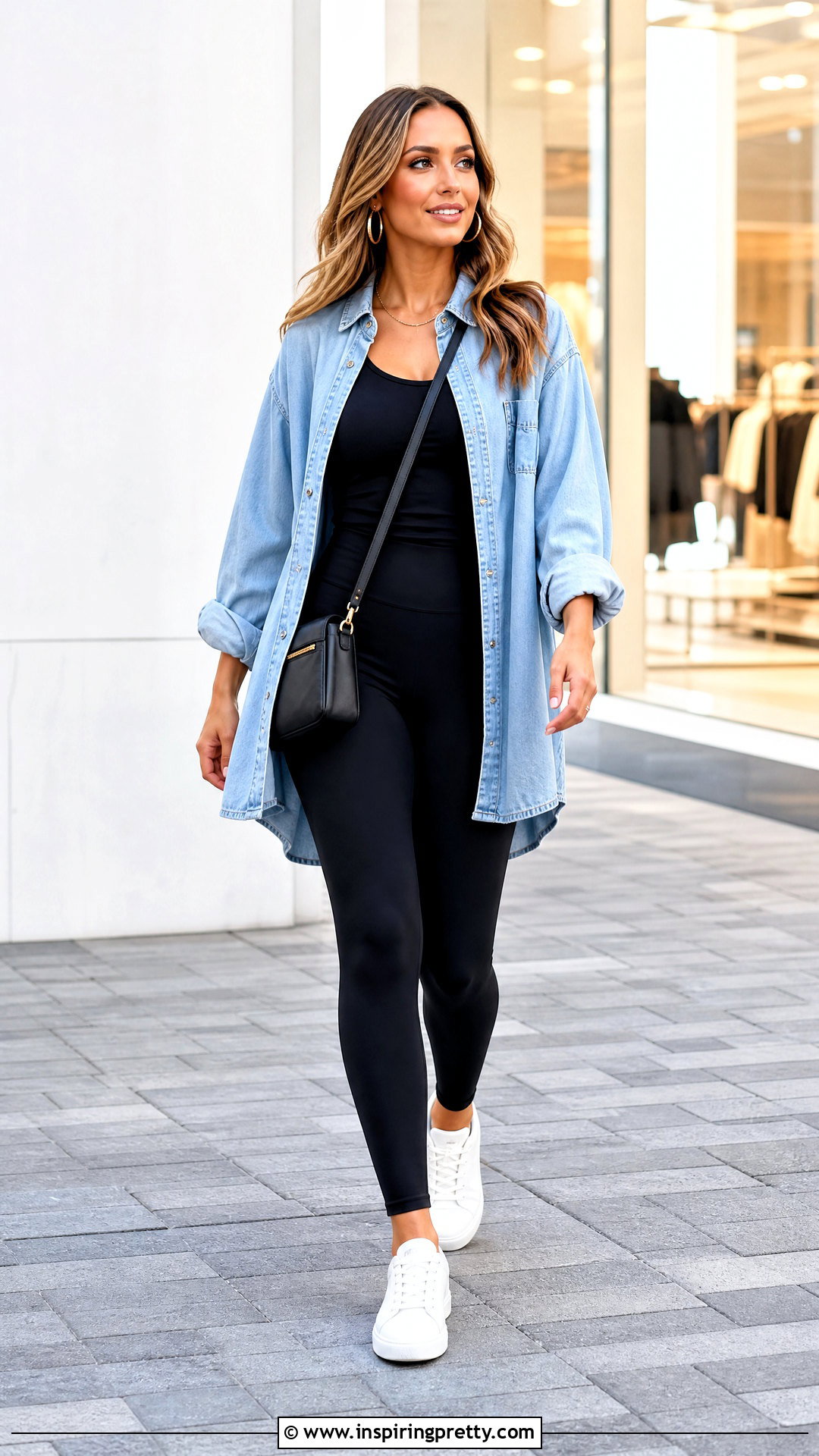 Oversized Denim Shirt With Leggings Outfit - 50 denim tops outfit ideas for women