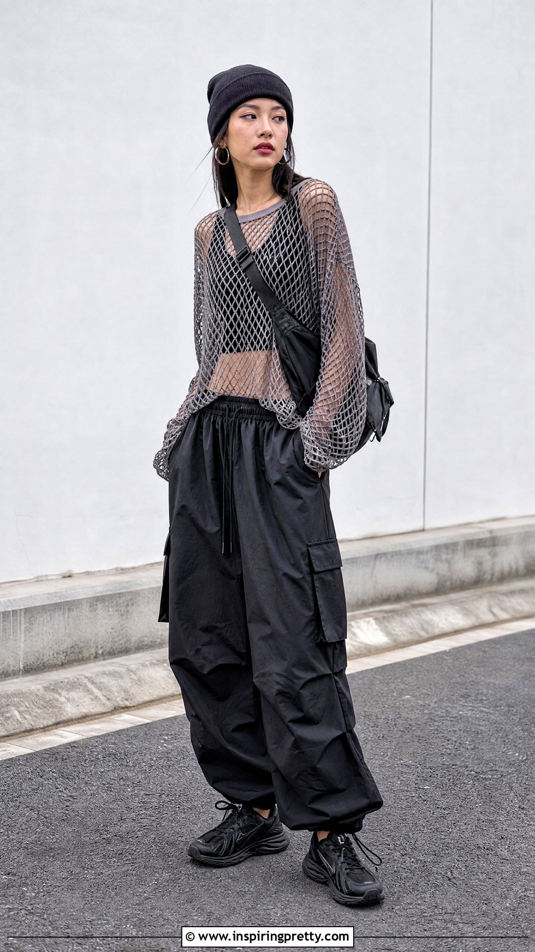 Oversized Fishnet Top And Parachute Cargo Pants Outfit - 20 fishnet top cargo pants