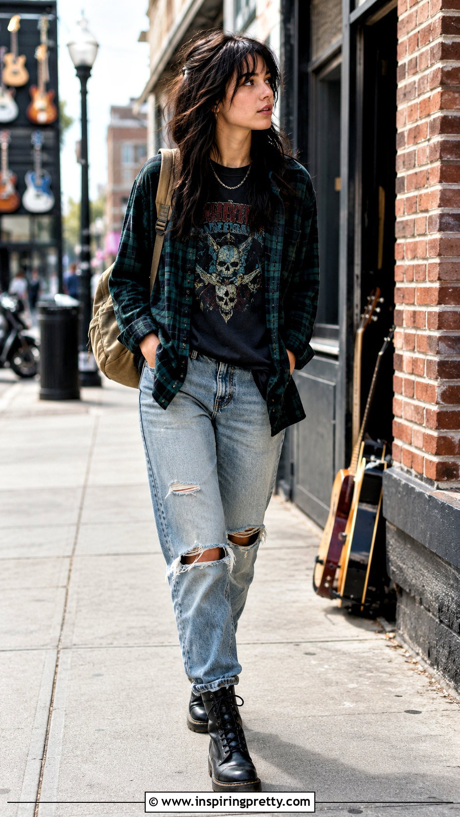 Oversized Flannel With Band Tee And Jeans - 50 alt tops outfit ideas