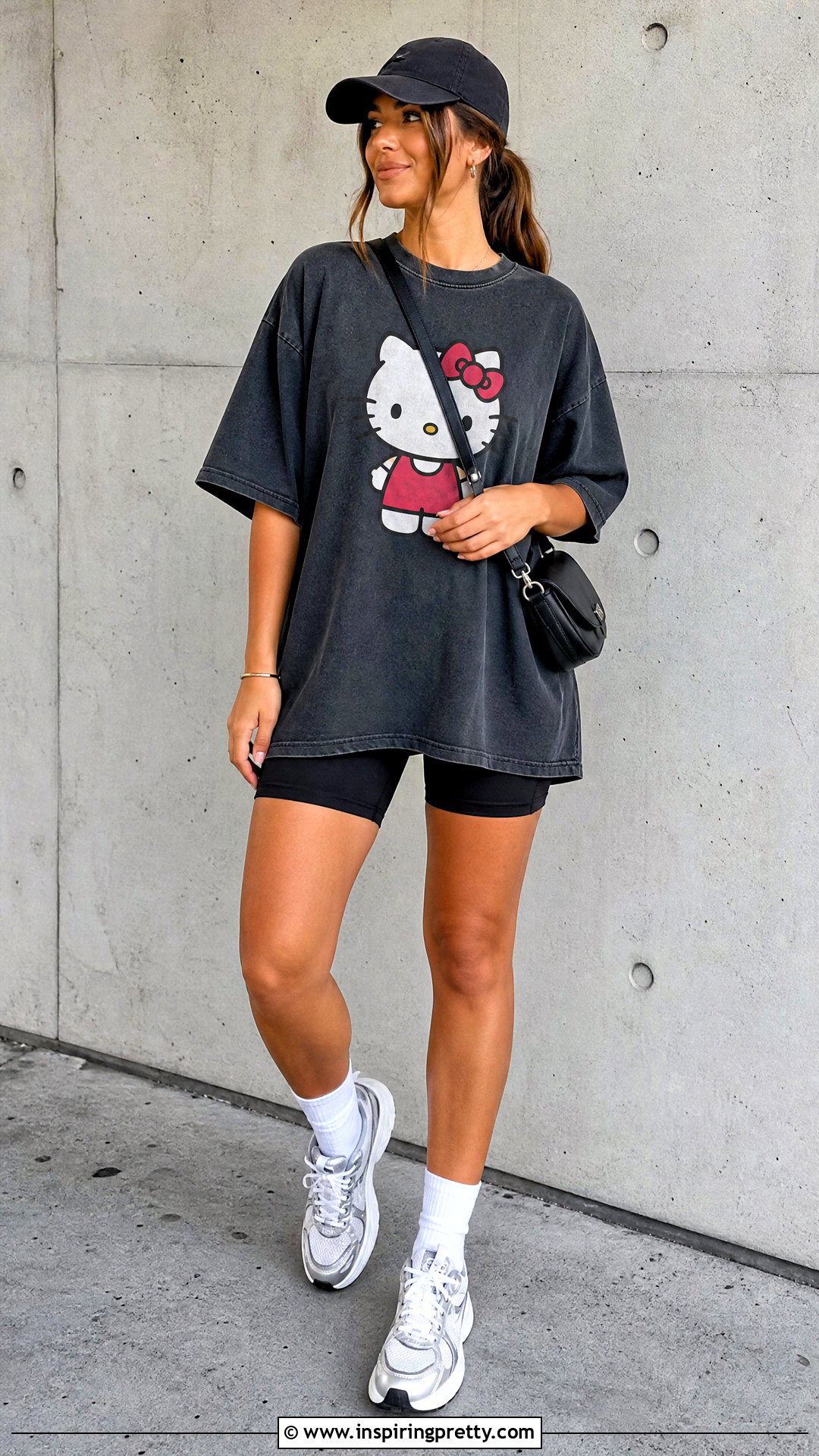 Oversized Hello Kitty Tee With Biker Shorts - 50 hello kitty top outfit ideas