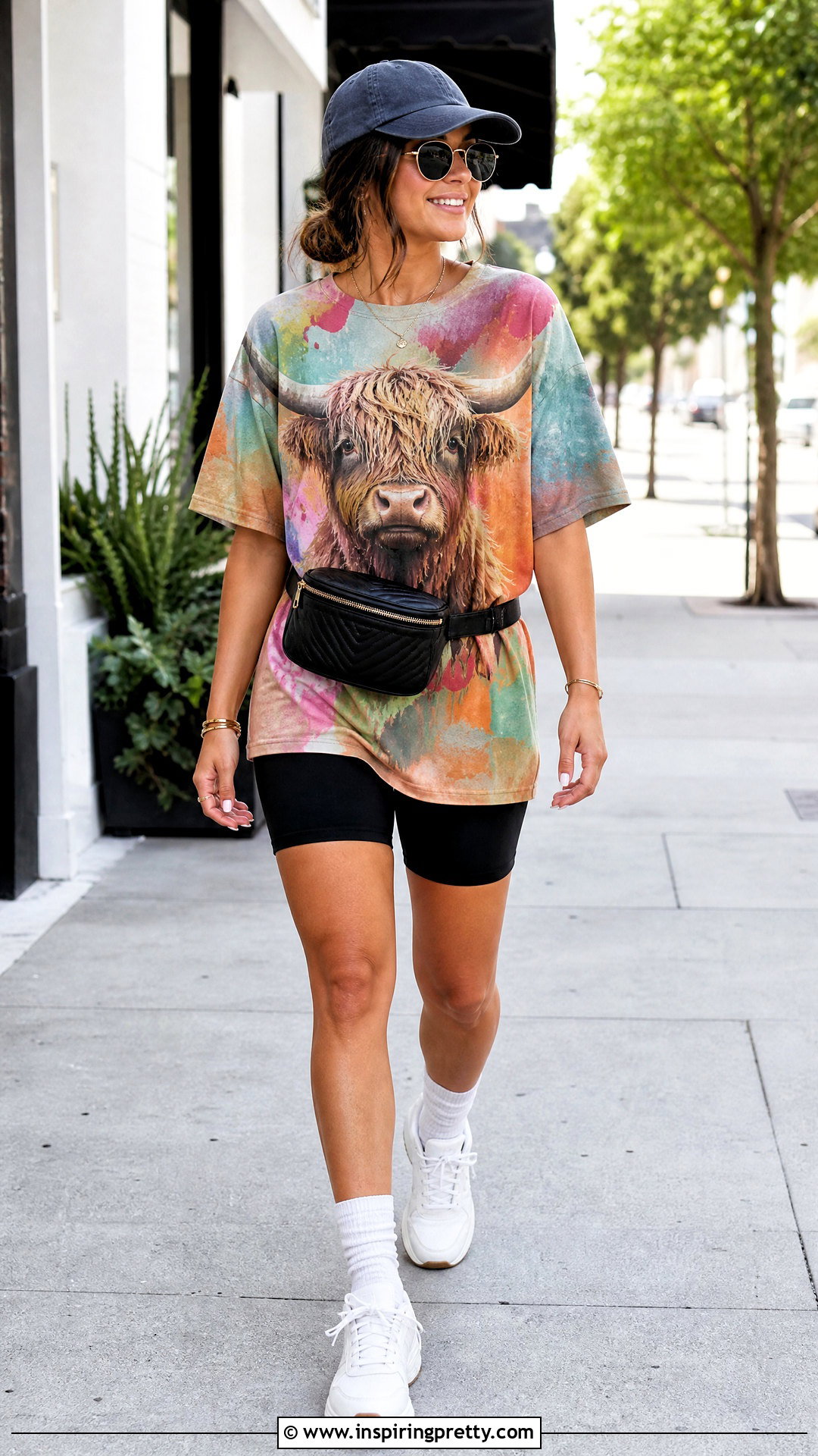 Oversized Highland Cow Top With Biker Shorts - 20 highland cow top outfit ideas