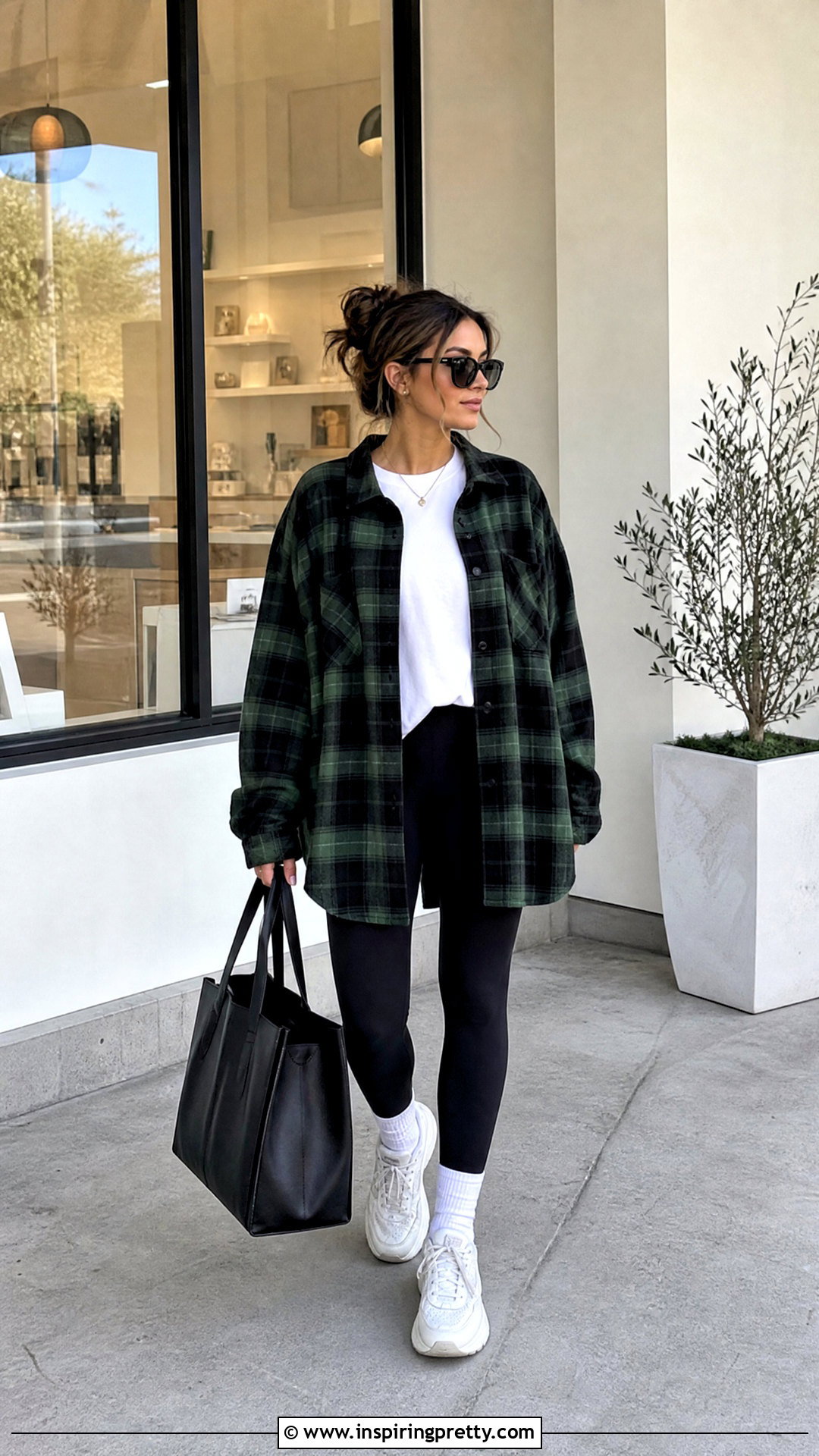 Oversized Long Sleeve Flannel Top With Black Leggings - 20 long sleeve flannel top outfit ideas