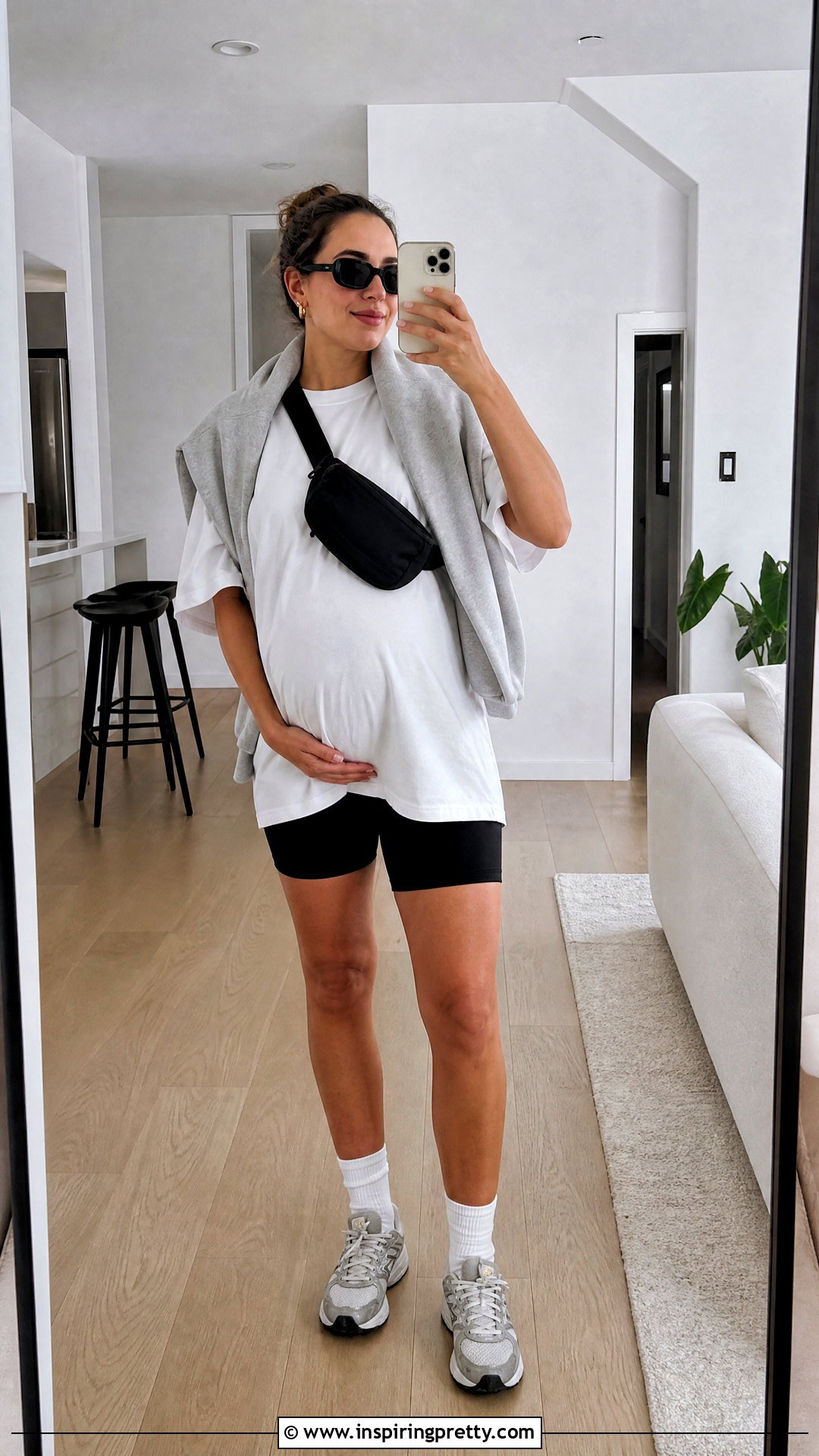 Oversized Maternity White T Shirt With Bike Shorts - 20 maternity white top outfit ideas