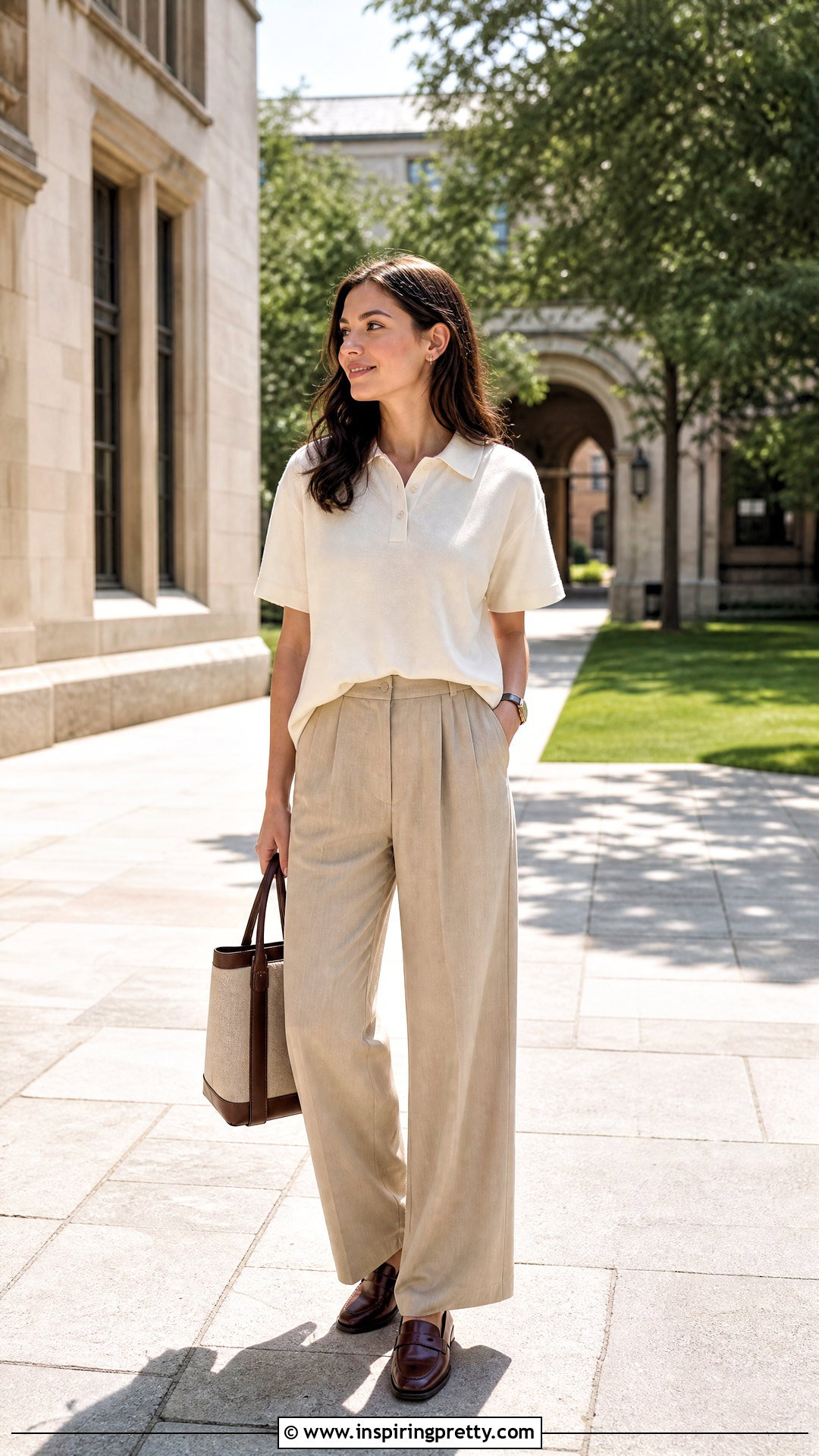 Oversized Polo Top With Pleated Trousers - 50 modest summer tops outfit ideas