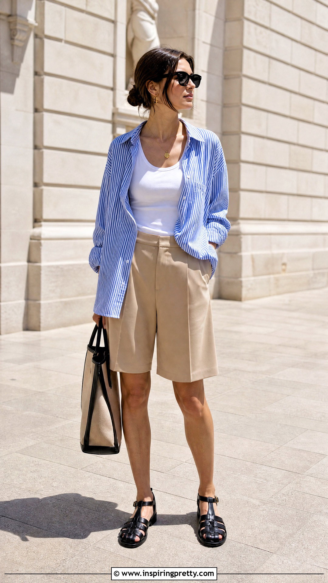 Oversized Poplin Shirt With Bermuda Shorts - 50 spring tops outfit ideas