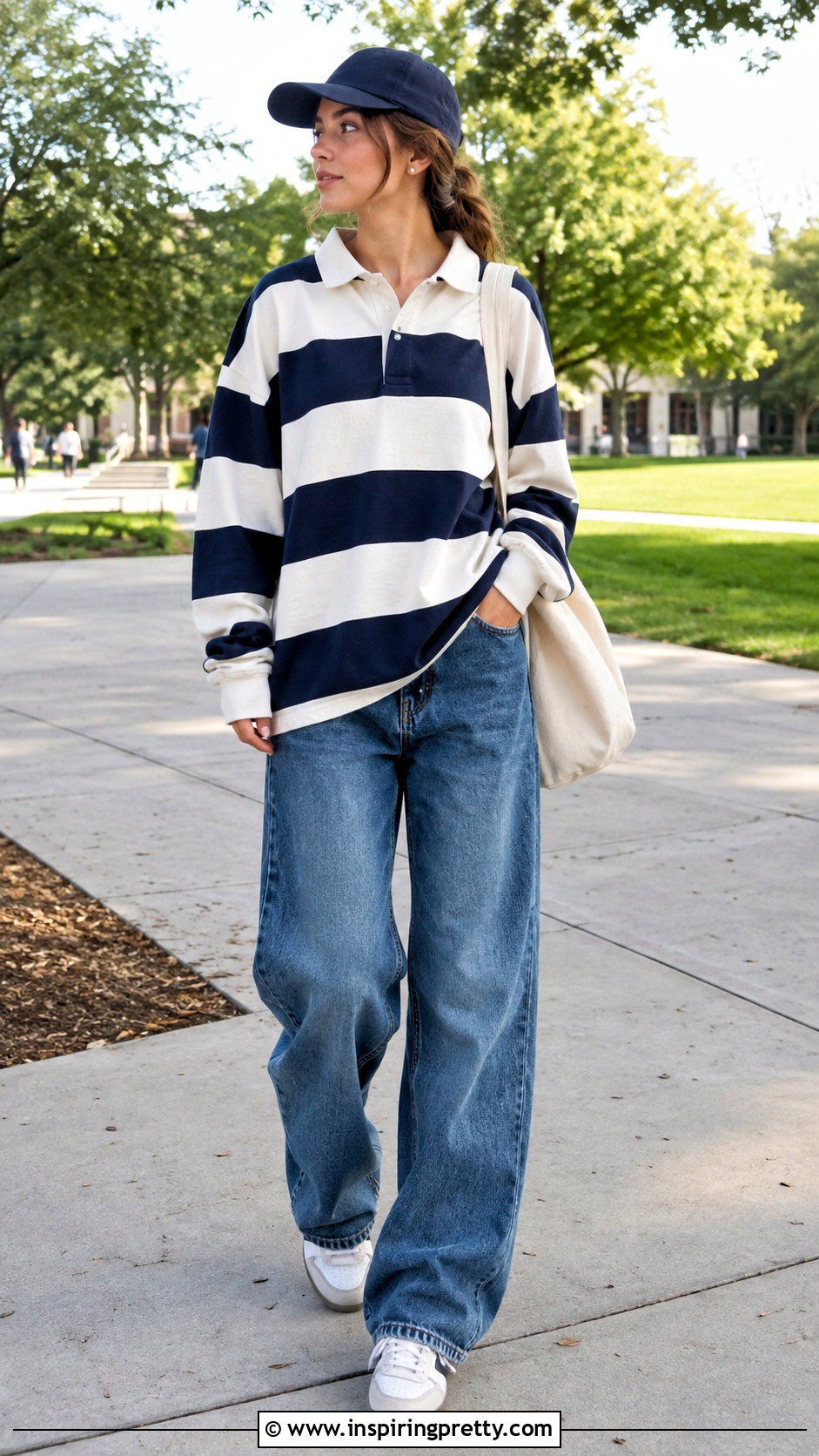 Oversized Rugby Polo Top With Baggy Jeans And Sneakers - 50 polo top outfit women