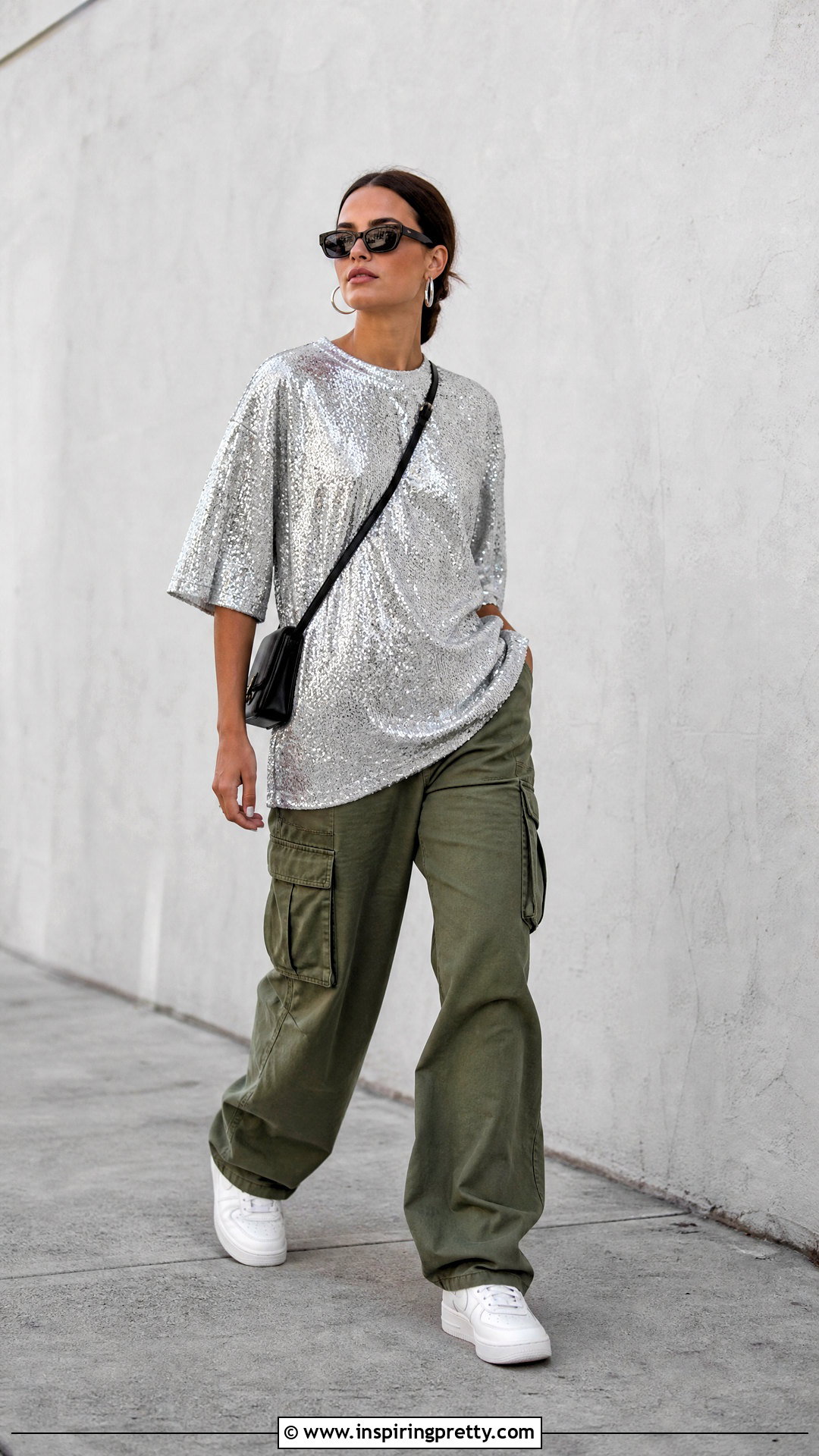 Oversized Sequin T Shirt And Cargo Pants Outfit - 20 sequin top fashion trends
