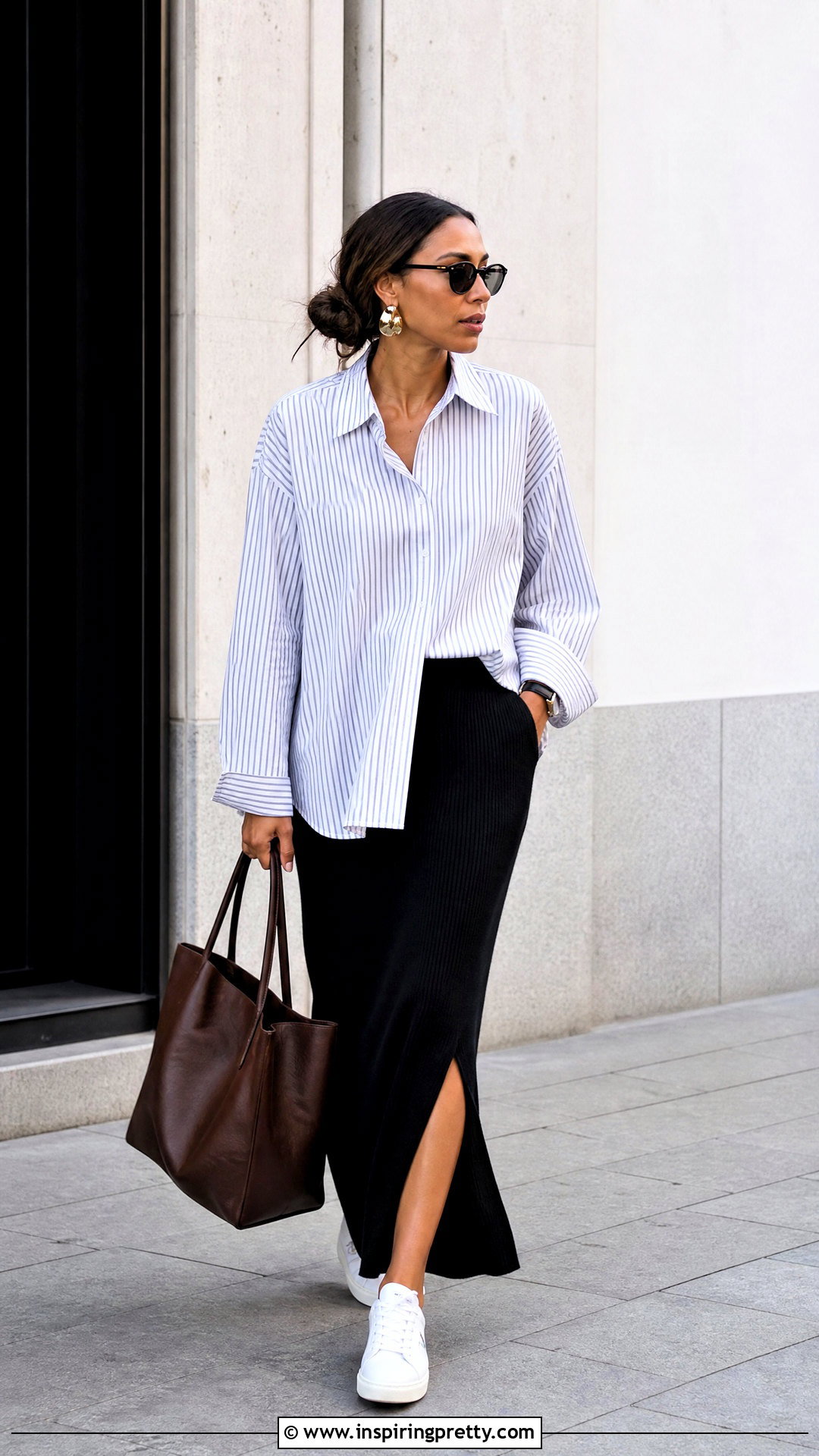 Oversized Shirt With Column Skirt Outfit - 50 aesthetic tops outfit ideas
