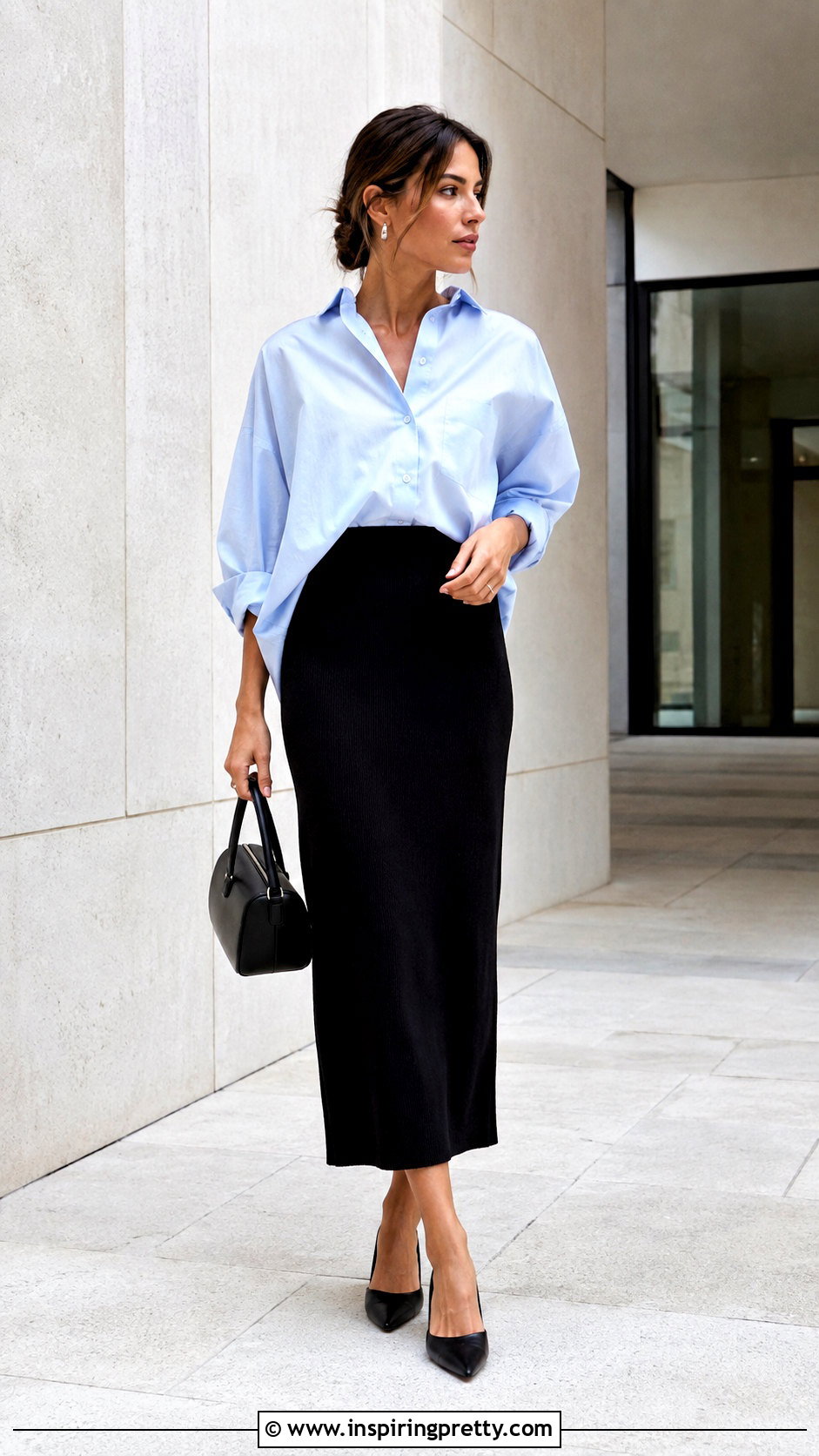Oversized Shirt With Column Skirt - 50 modern tops outfit ideas