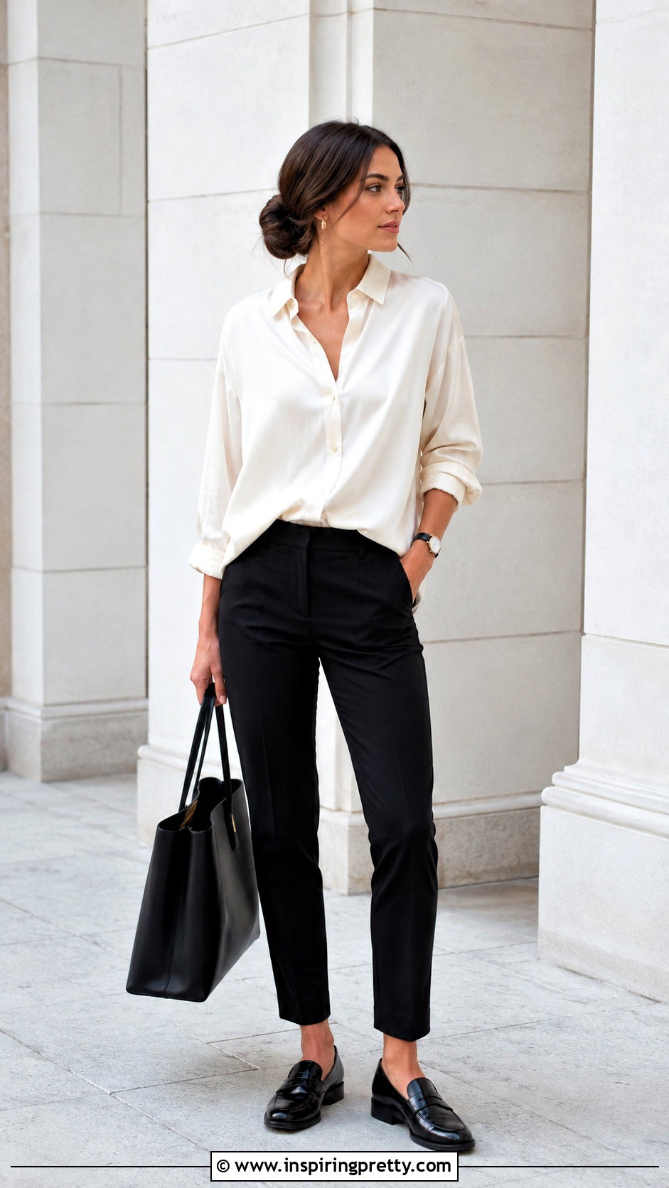 Oversized Silk Shirt With Slim Pants And Loafers - 50 silk top outfit classy ideas