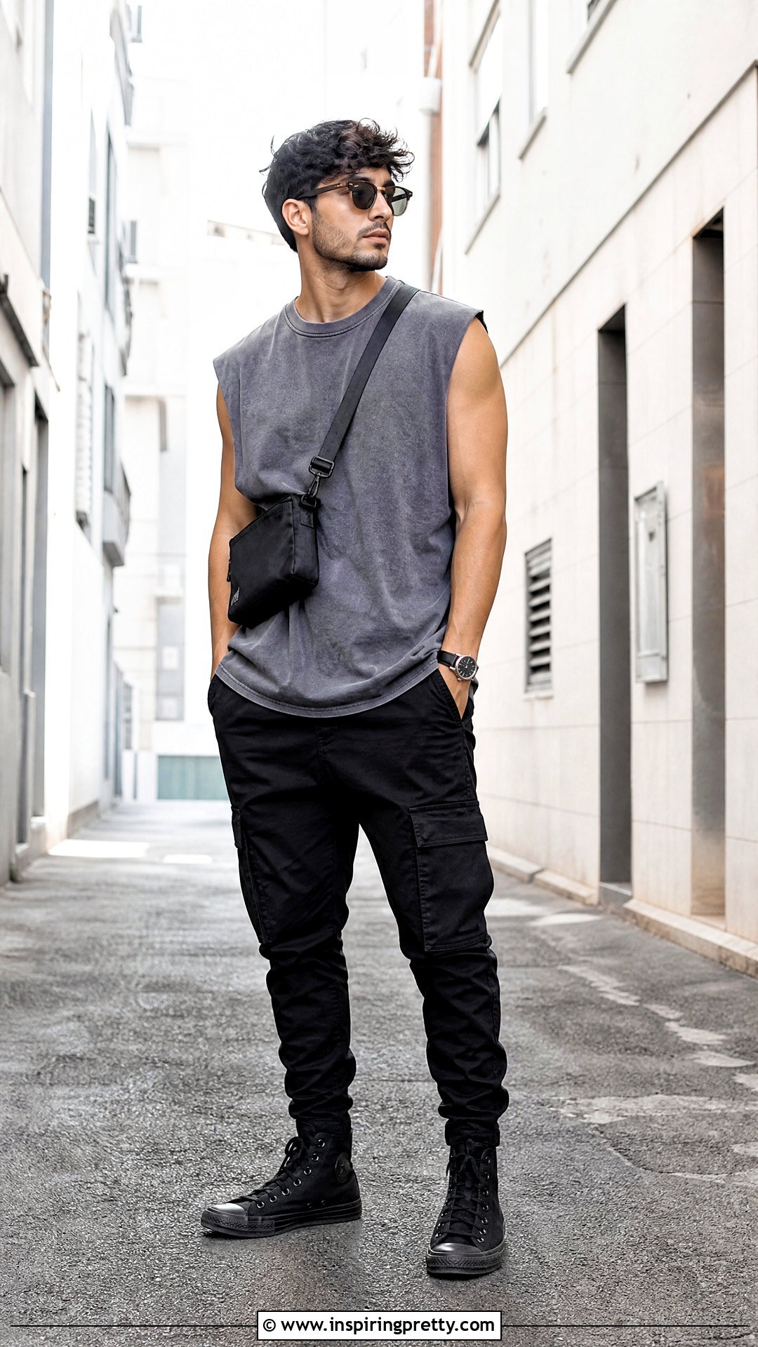 Oversized Sleeveless Top With Slim Cargo Pants - 50 sleeveless top outfit men ideas
