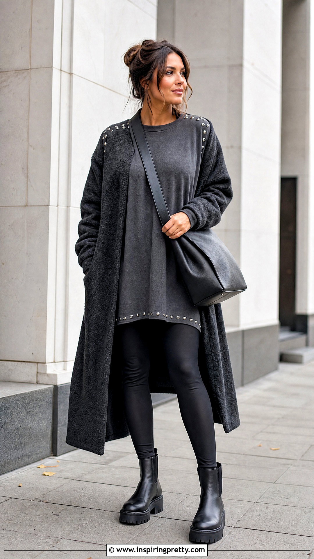 Oversized Stud Trim Top With Leggings - 20 stud trim top outfit ideas