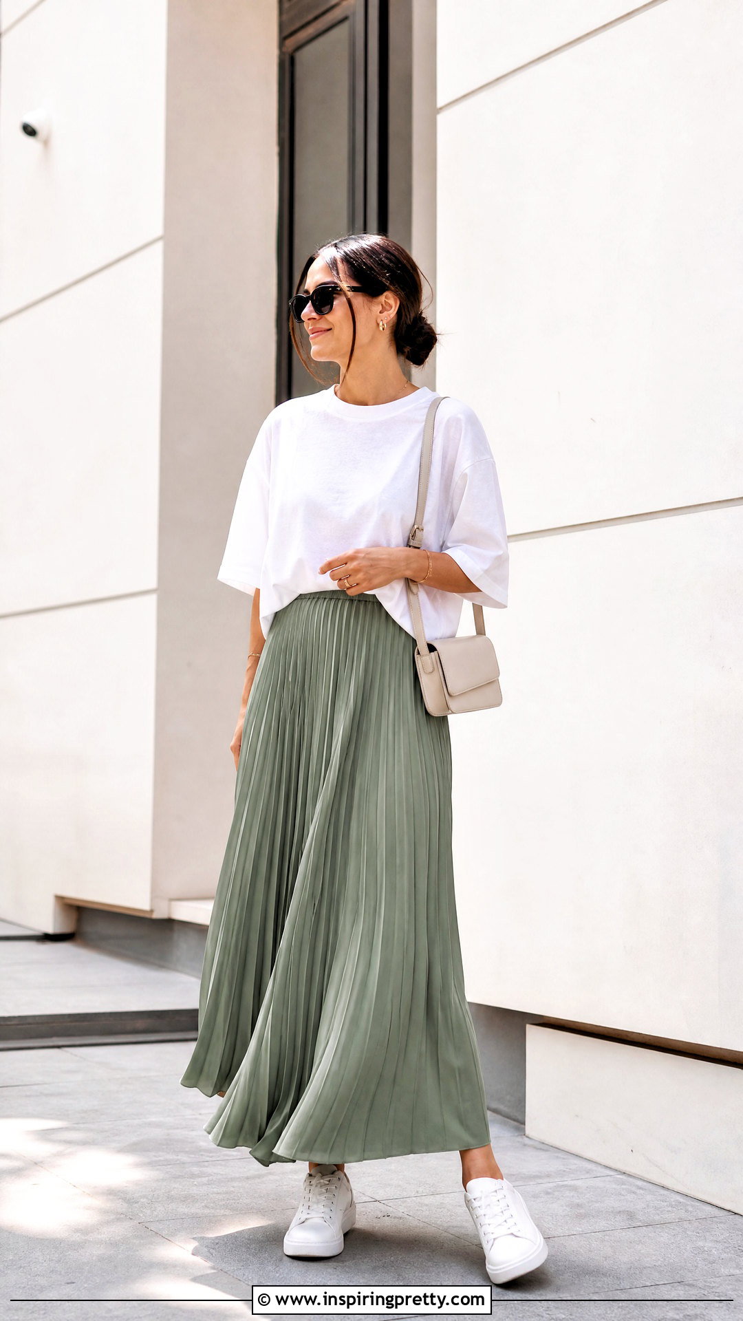 Oversized T Shirt Top With Pleated Maxi Skirt - 50 modest summer tops outfit ideas