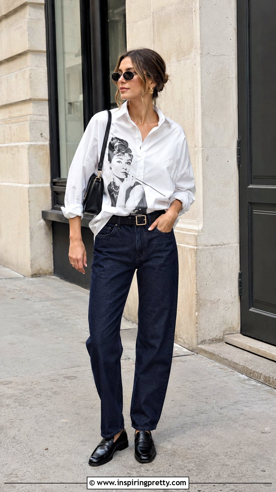 Oversized White Audrey Hepburn Shirt With Jeans - 25 Audrey Hepburn Tops outfit ideas