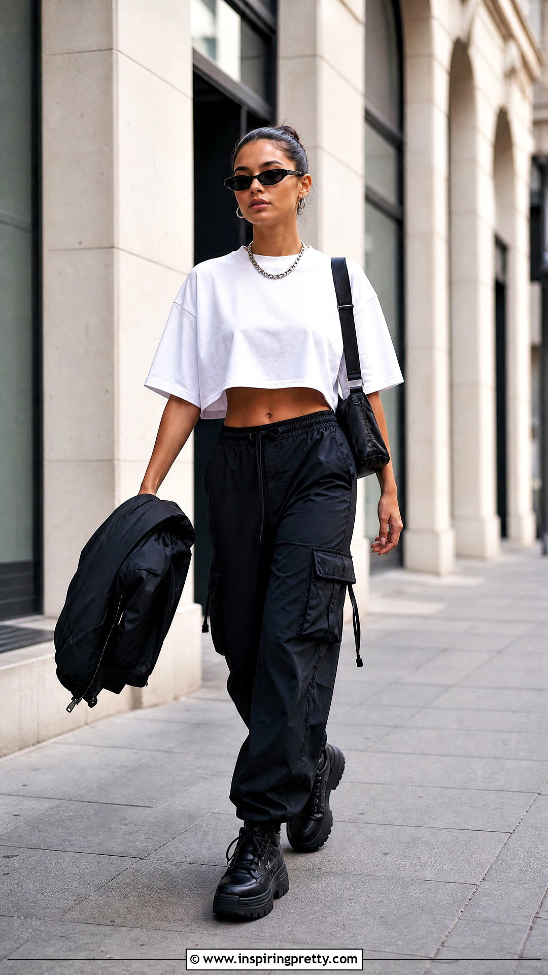 Oversized White Crop Top With Black Cargo Pants Outfit - 25 oversized white crop top outfit ideas