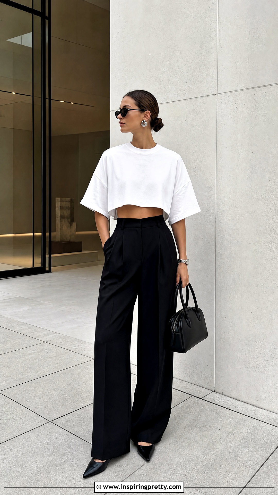Oversized White Crop Top With Black Wide Leg Pants Outfit - 25 oversized white crop top outfit ideas