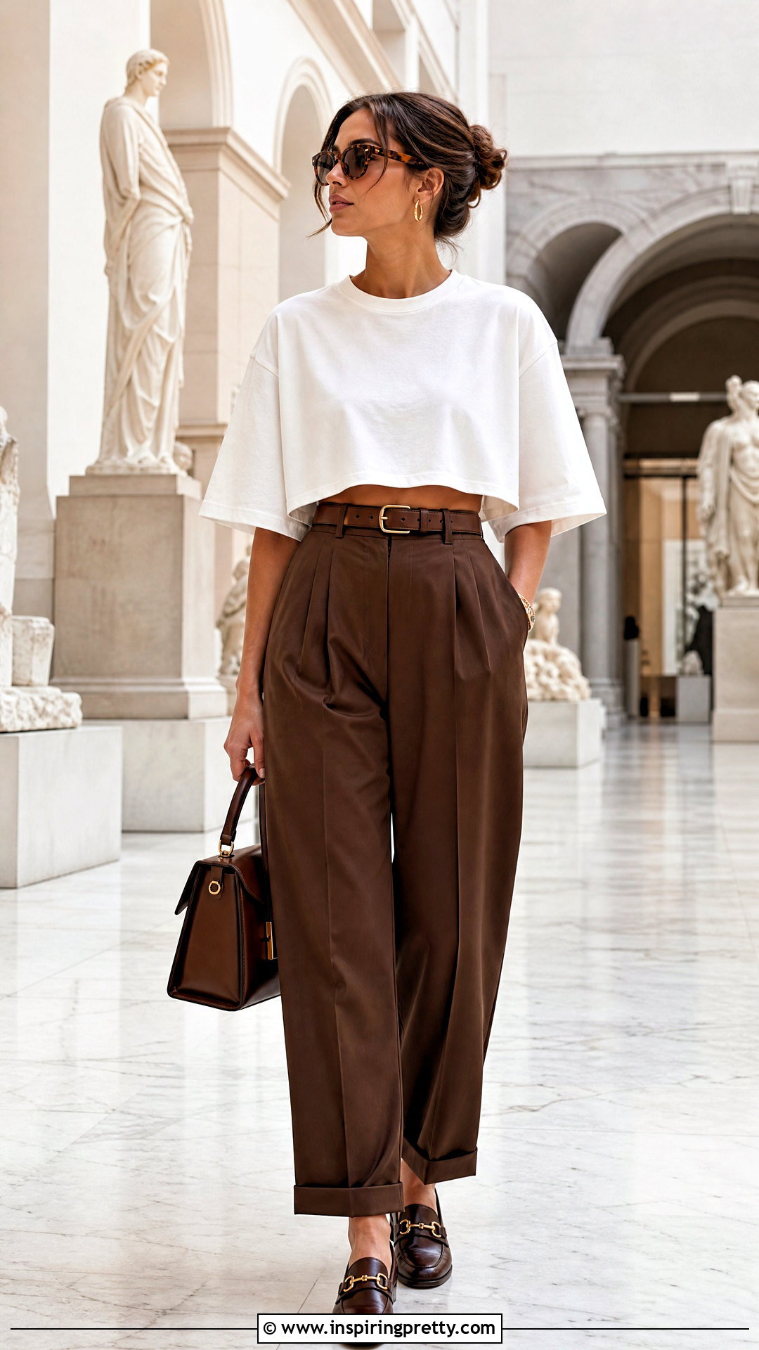 Oversized White Crop Top With Brown Trousers Outfit - 25 oversized white crop top outfit ideas