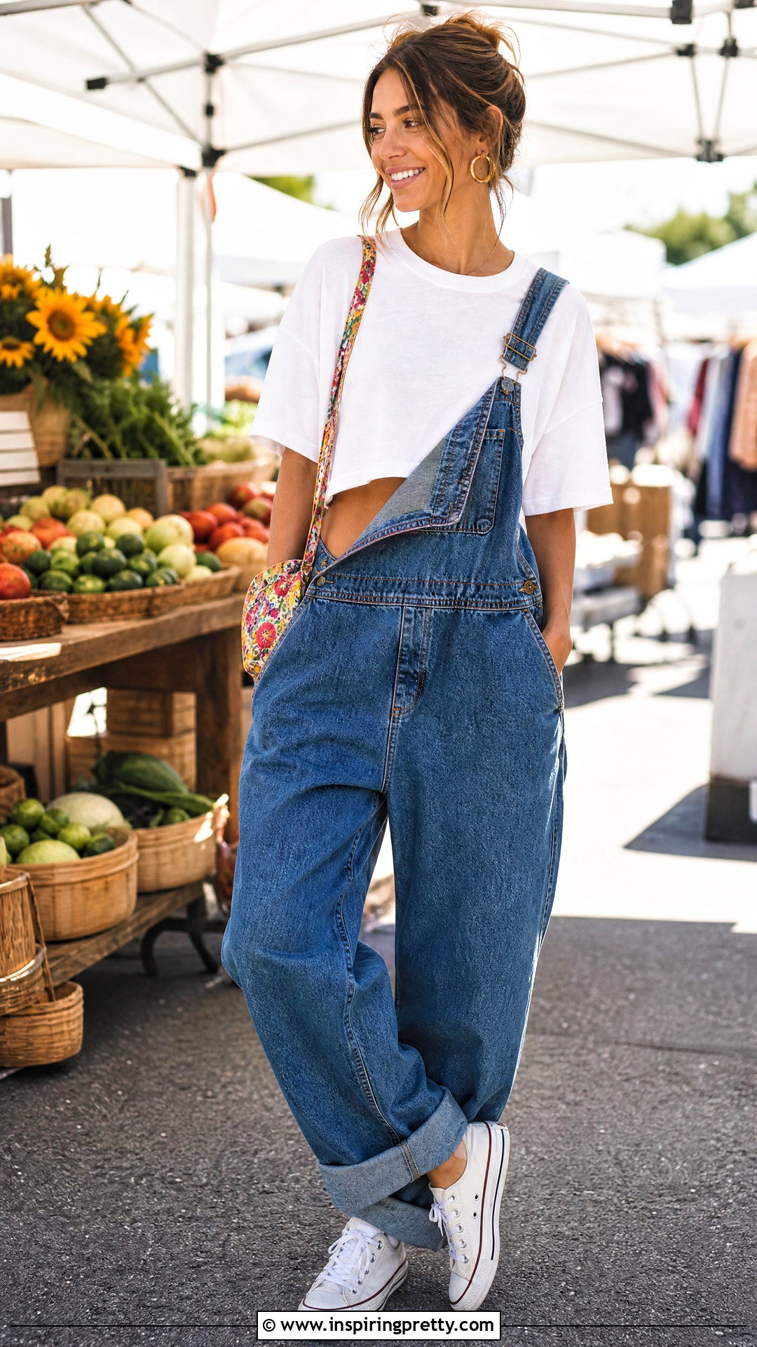 Oversized White Crop Top With Denim Overalls Outfit - 25 oversized white crop top outfit ideas