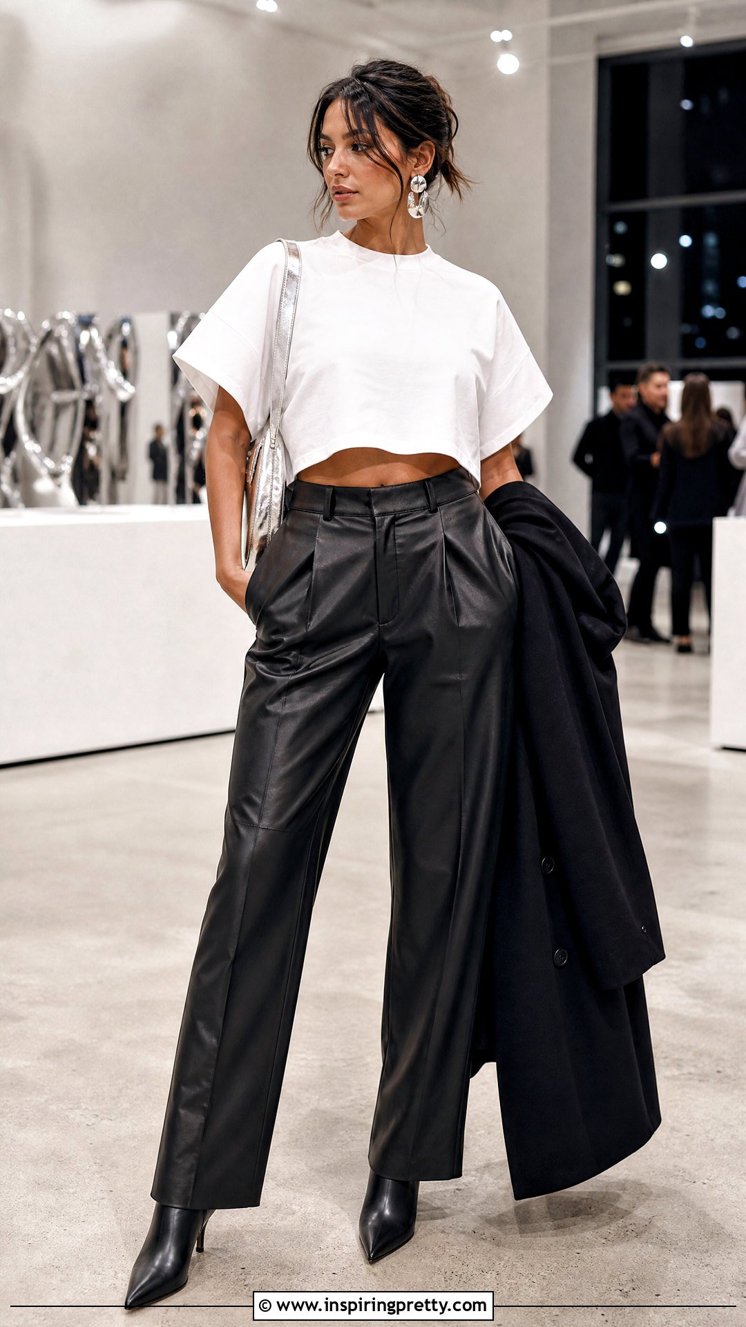 Oversized White Crop Top With Faux Leather Pants Outfit - 25 oversized white crop top outfit ideas