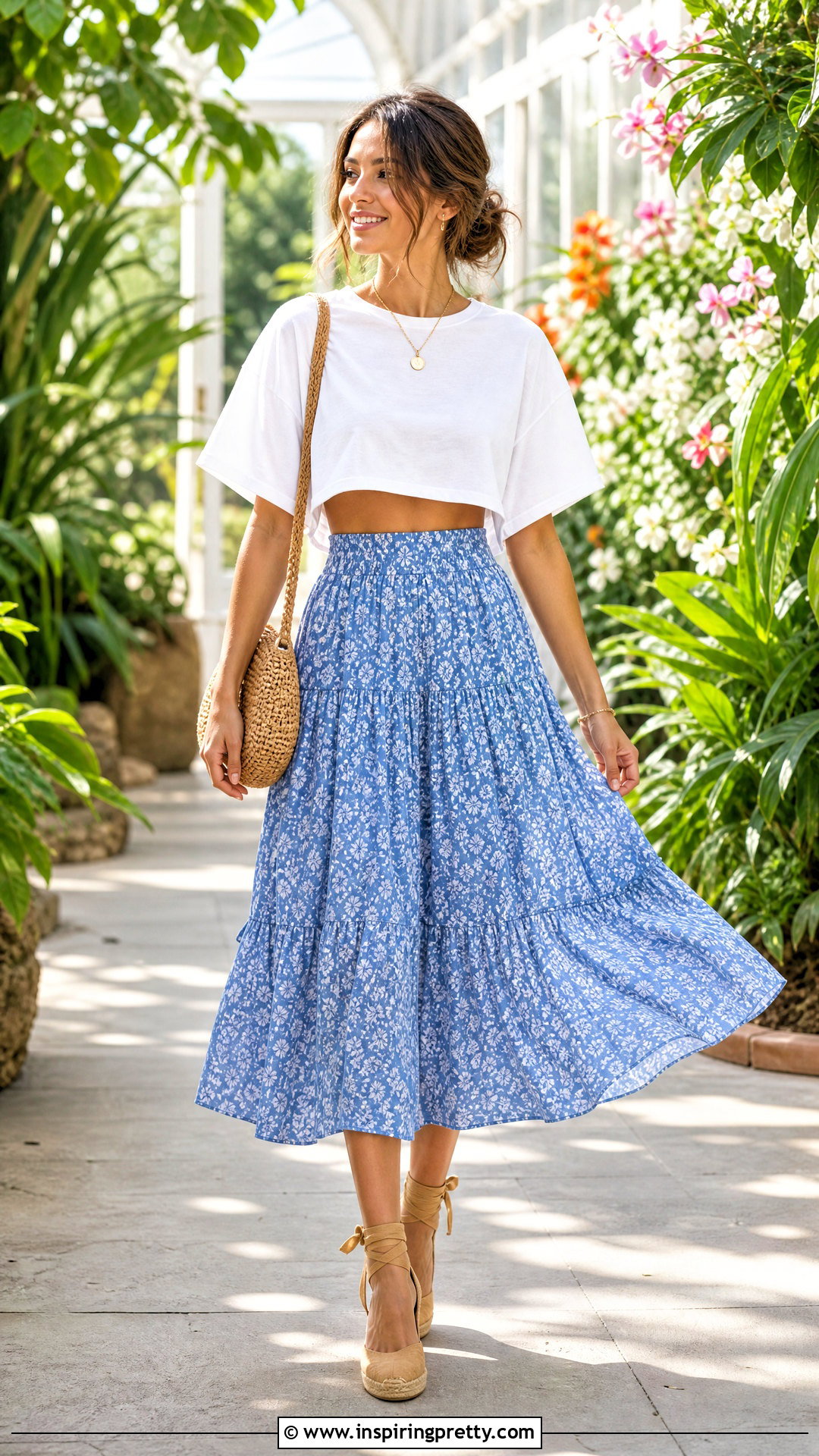 Oversized White Crop Top With Floral Midi Skirt Outfit - 25 oversized white crop top outfit ideas