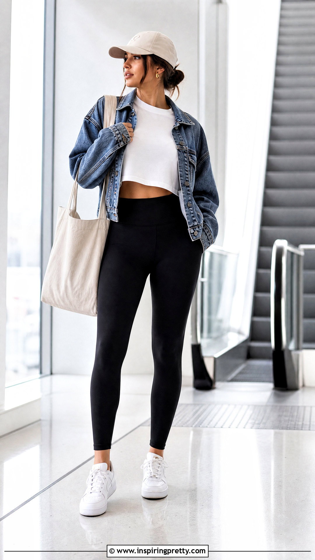 Oversized White Crop Top With Leggings And Denim Jacket Outfit - 25 oversized white crop top outfit ideas