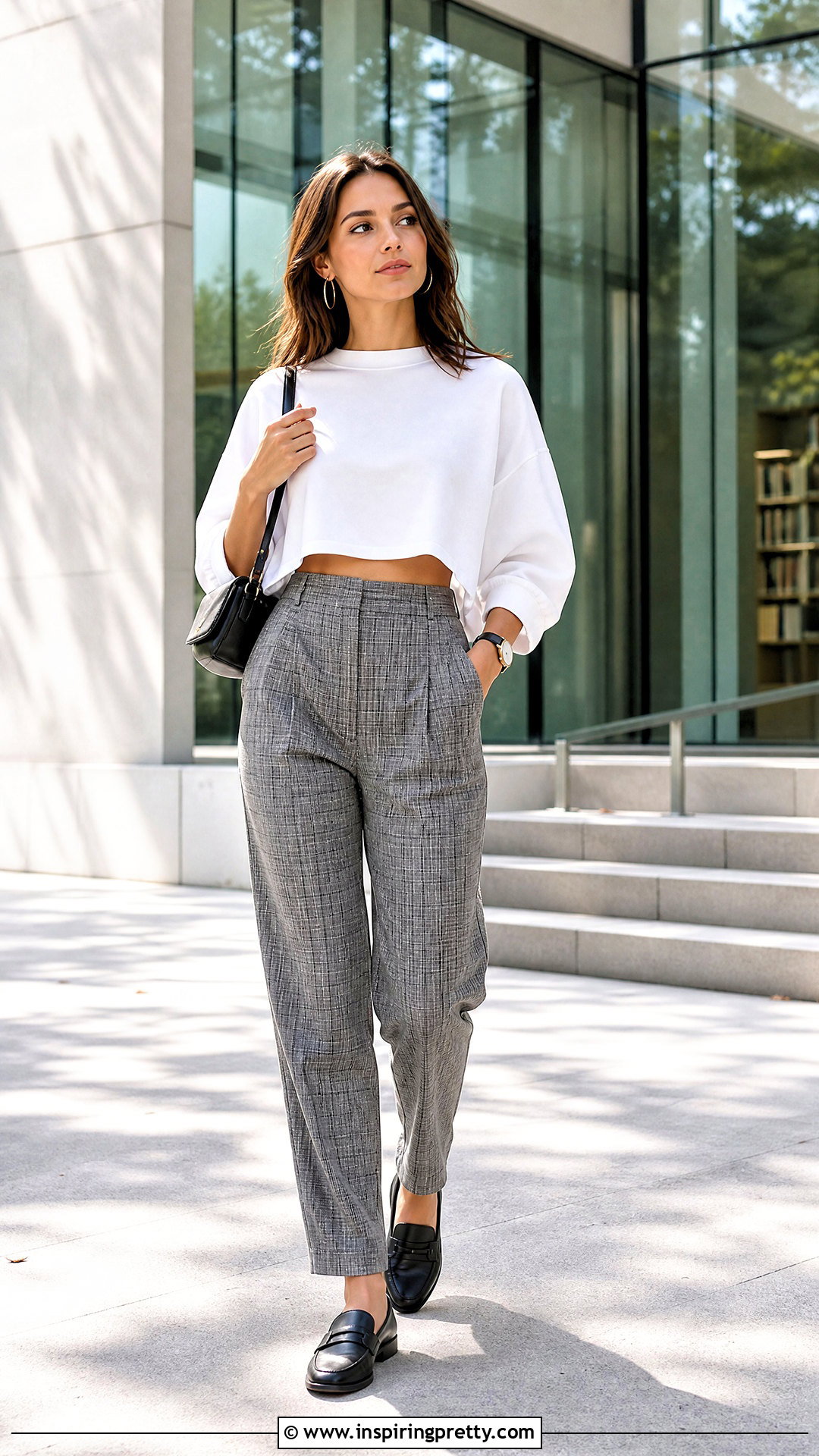 Oversized White Crop Top With Plaid Pants Outfit - 25 oversized white crop top outfit ideas