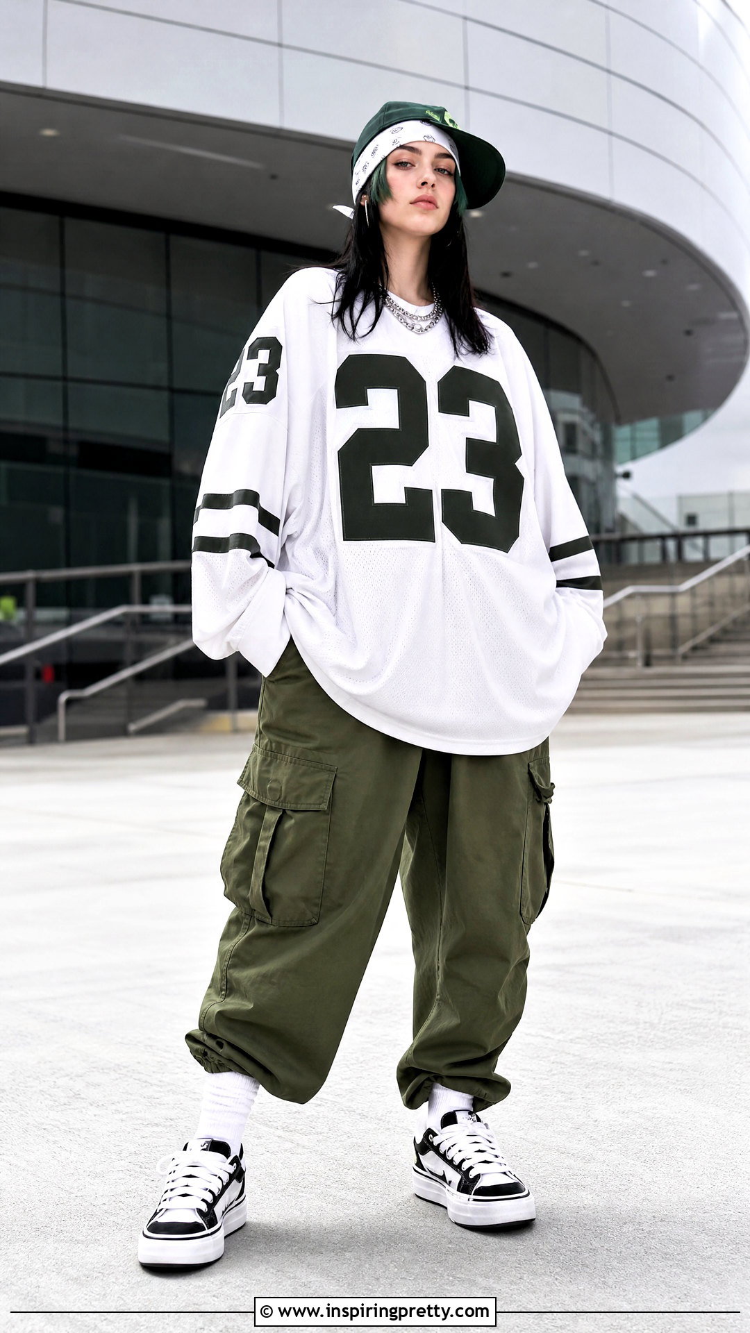 Oversized White Jersey With Cargo Pants - 25 Billie Eilish White Top outfit ideas