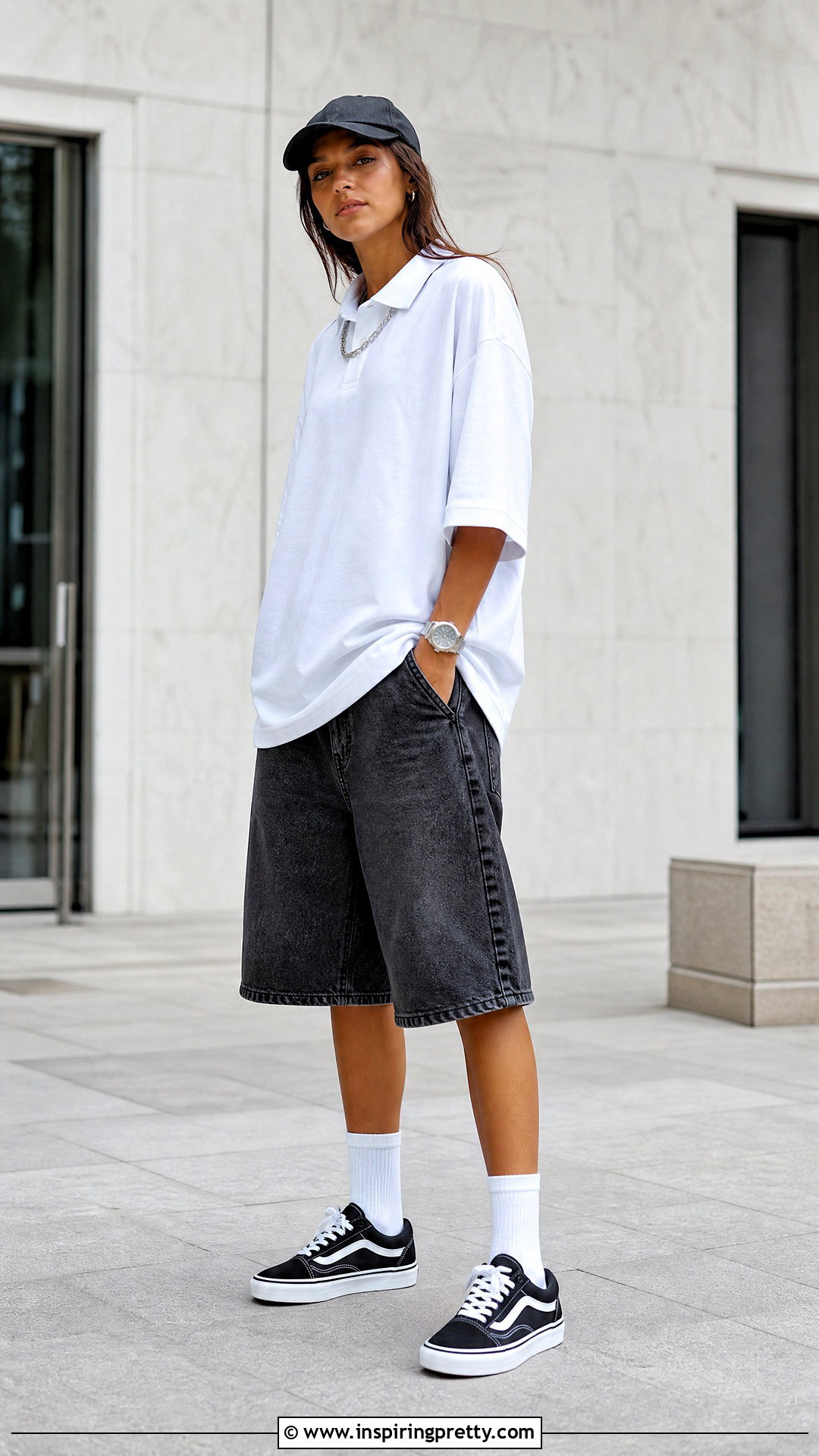 Oversized White Polo Shirt With Jorts - 25 Billie Eilish White Top outfit ideas
