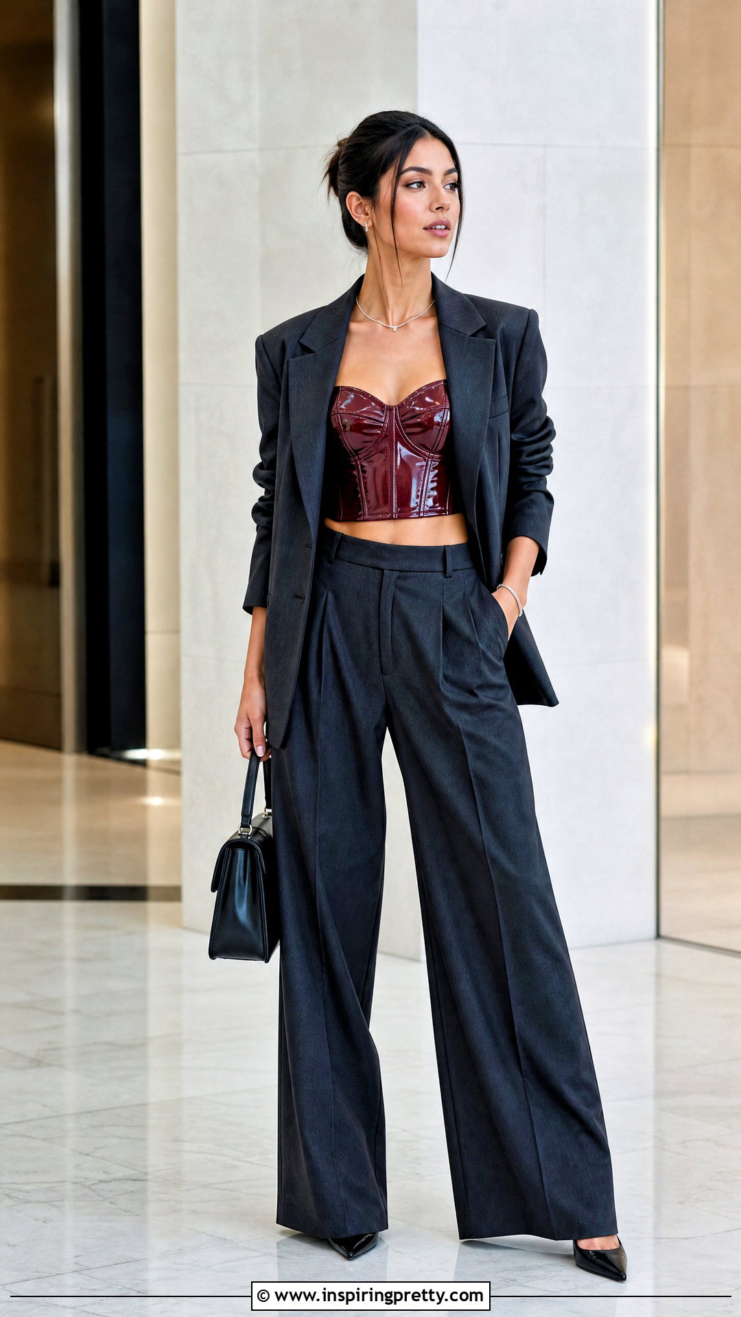 PVC Corset Crop Top With A Pantsuit - 20 pvc crop top outfit ideas