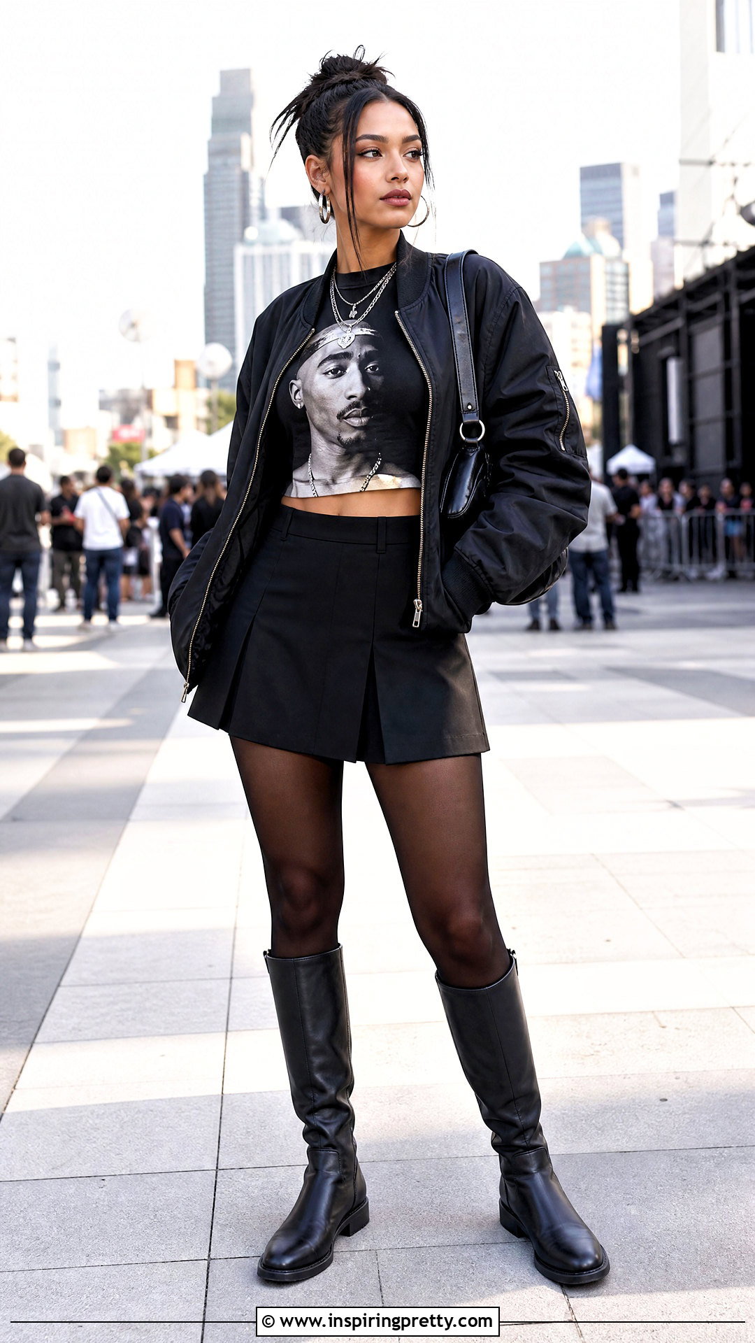 Pac Crop Top With Black Mini Skirt And Knee High Boots - 20 2Pac Crop Top outfit ideas