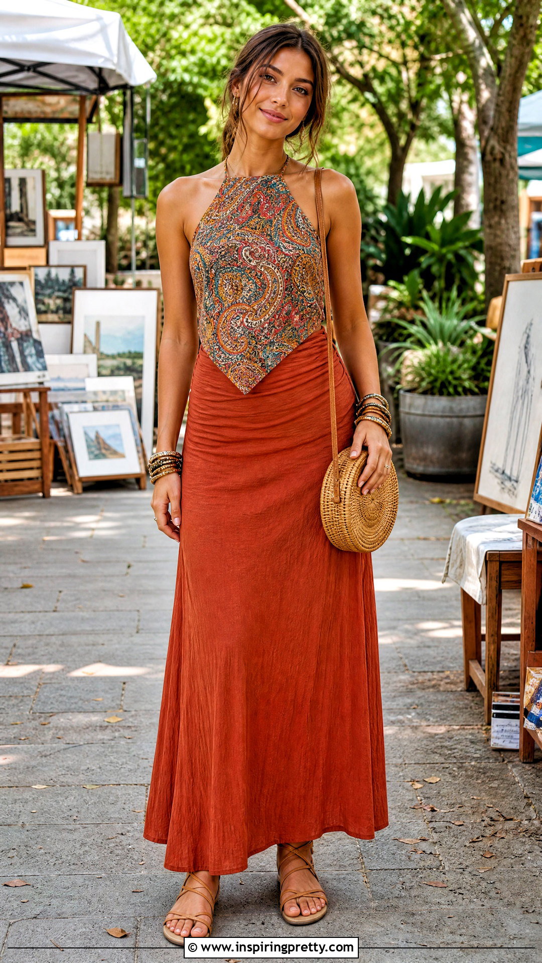 Paisley DIY Bandanna Top With Maxi Skirt - 20 diy bandanna top outfit ideas