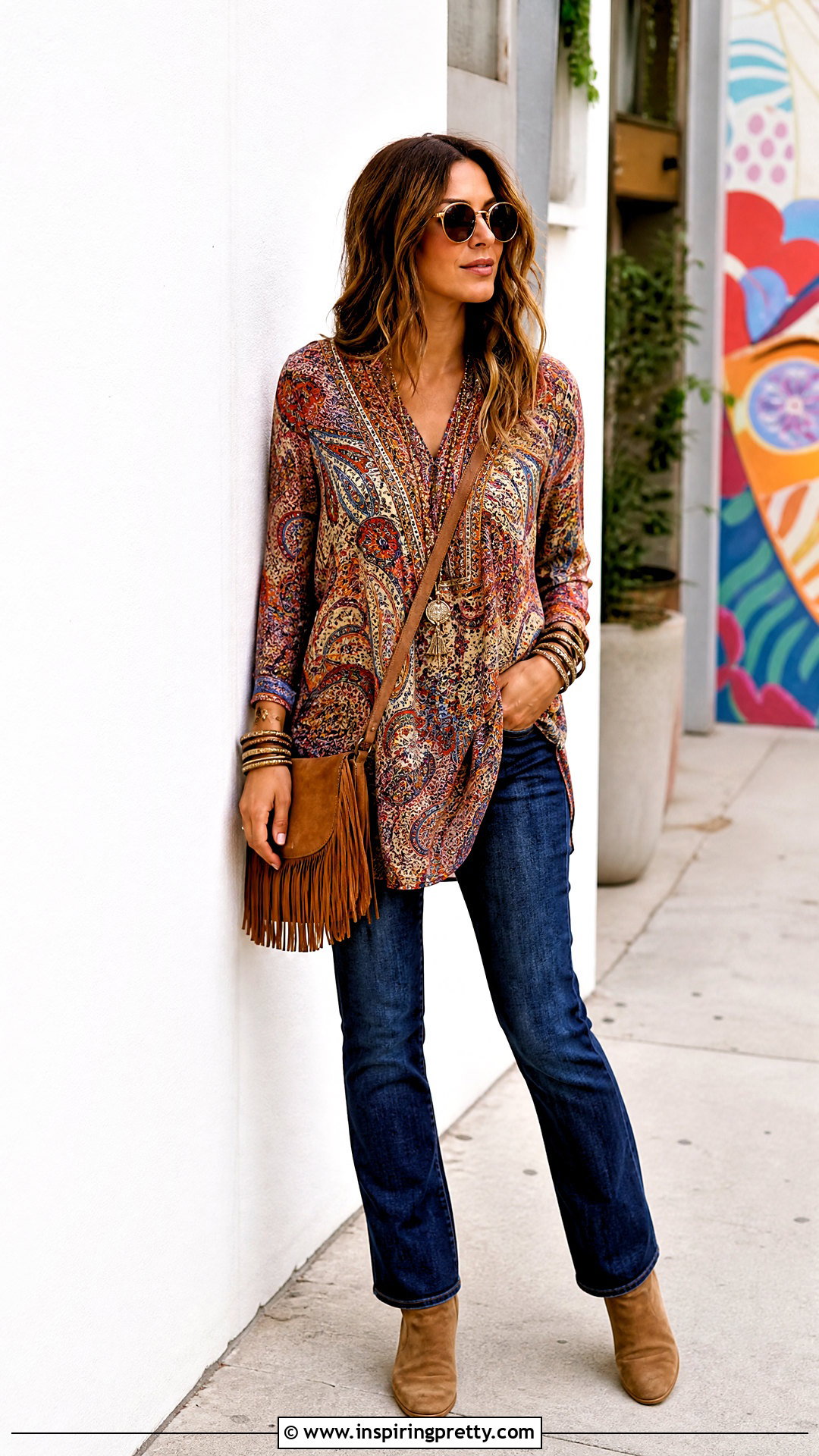 Paisley Tunic Top With Straight Leg Jeans - 50 70s tops outfit ideas